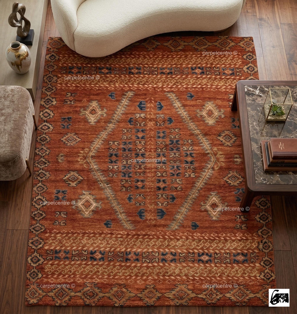Hand-Knotted Wool Oushak Rug: Terracotta, Rust, Blue Geometric Medallion Area Rug