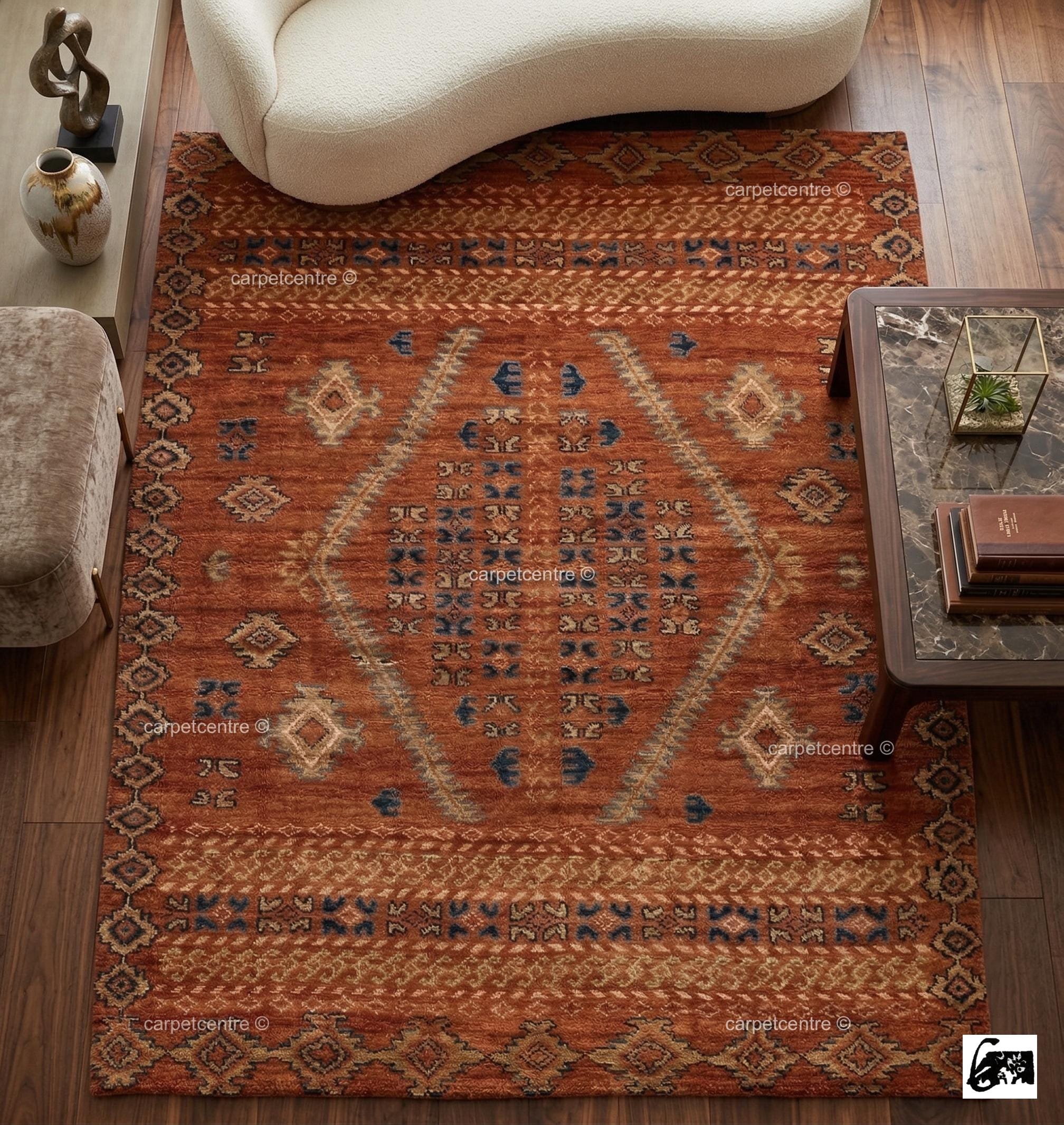 Hand-Knotted Wool Oushak Rug: Terracotta, Rust, Blue Geometric Medallion Area Rug