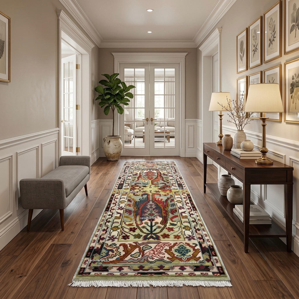 Unique Hand Knotted Oushak Runner Rug, Chinoiserie Botanical Wool Hallway-Entryway-Bathroom, Turkish Knot Kitchen Runner