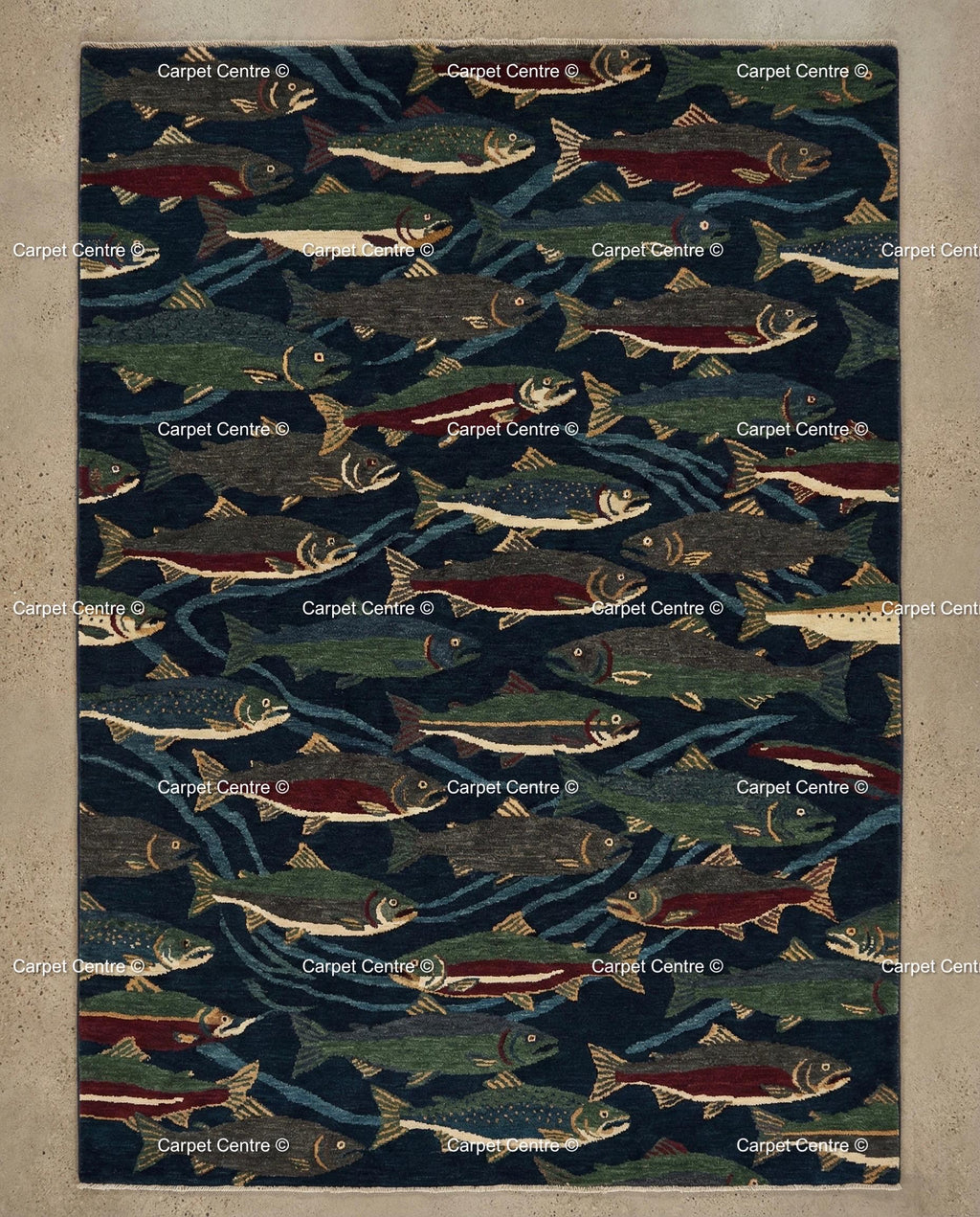 Hand Knotted Oushak Wool Rug, Navy Blue Fish, Cabin Lodge Decor