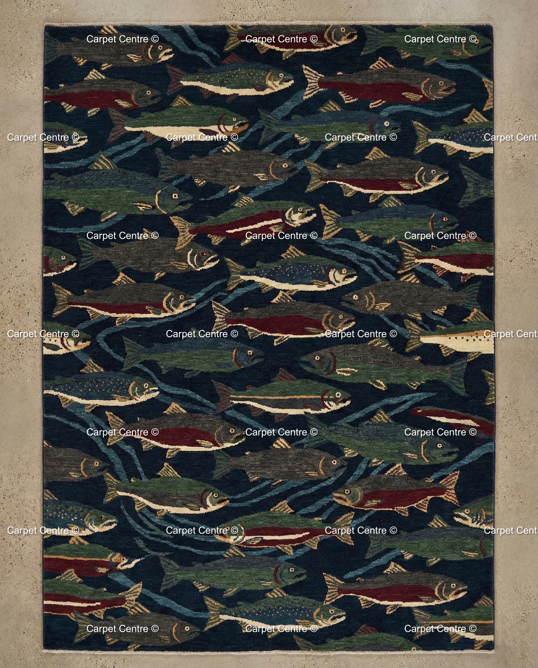 Hand Knotted Oushak Wool Rug, Navy Blue Fish, Cabin Lodge Decor