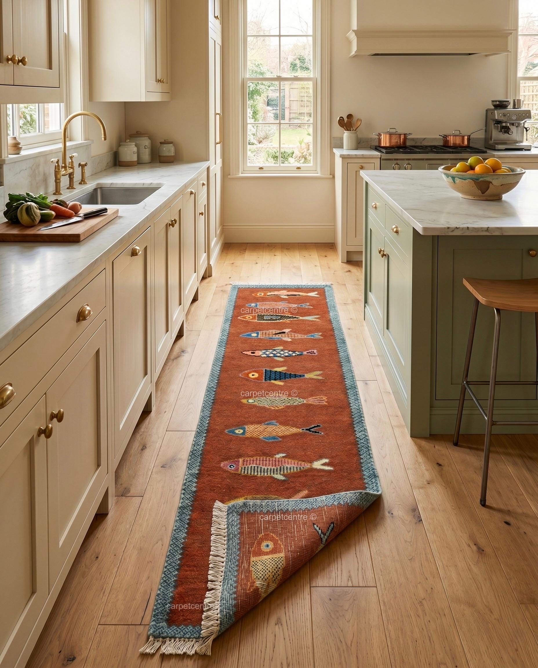 Hand-Knotted Wool Fish Runner Rug: Oushak Pictorial Coastal Style Area Carpet