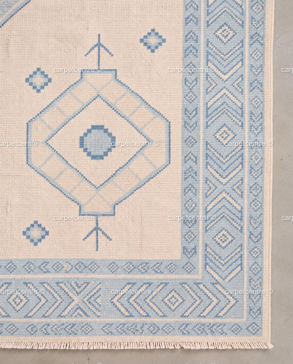Hand-Knotted Wool Oushak Rug | Light Blue Cream Coastal Geometric Tribal Carpet
