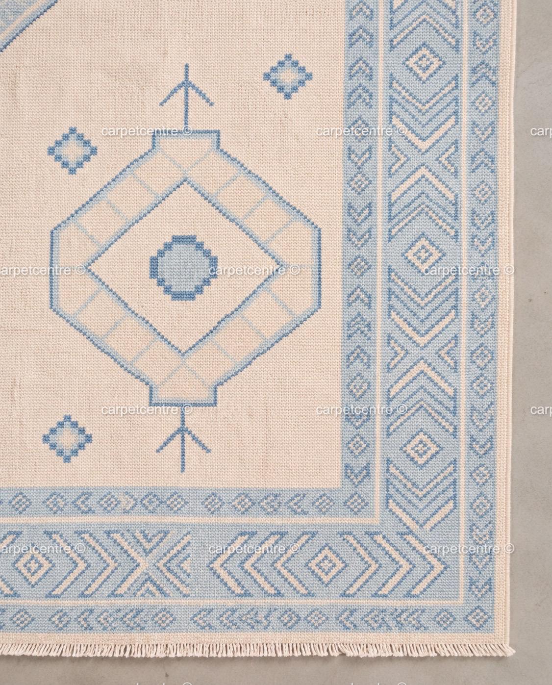Hand-Knotted Wool Oushak Rug | Light Blue Cream Coastal Geometric Tribal Carpet