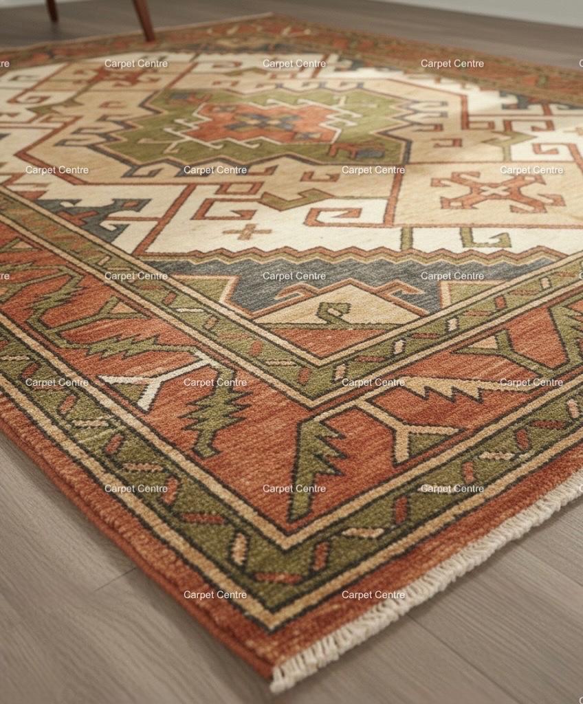 Hand-Knotted Oushak Wool Rug, Rust Terracotta Olive Green, Geometric Tribal Design