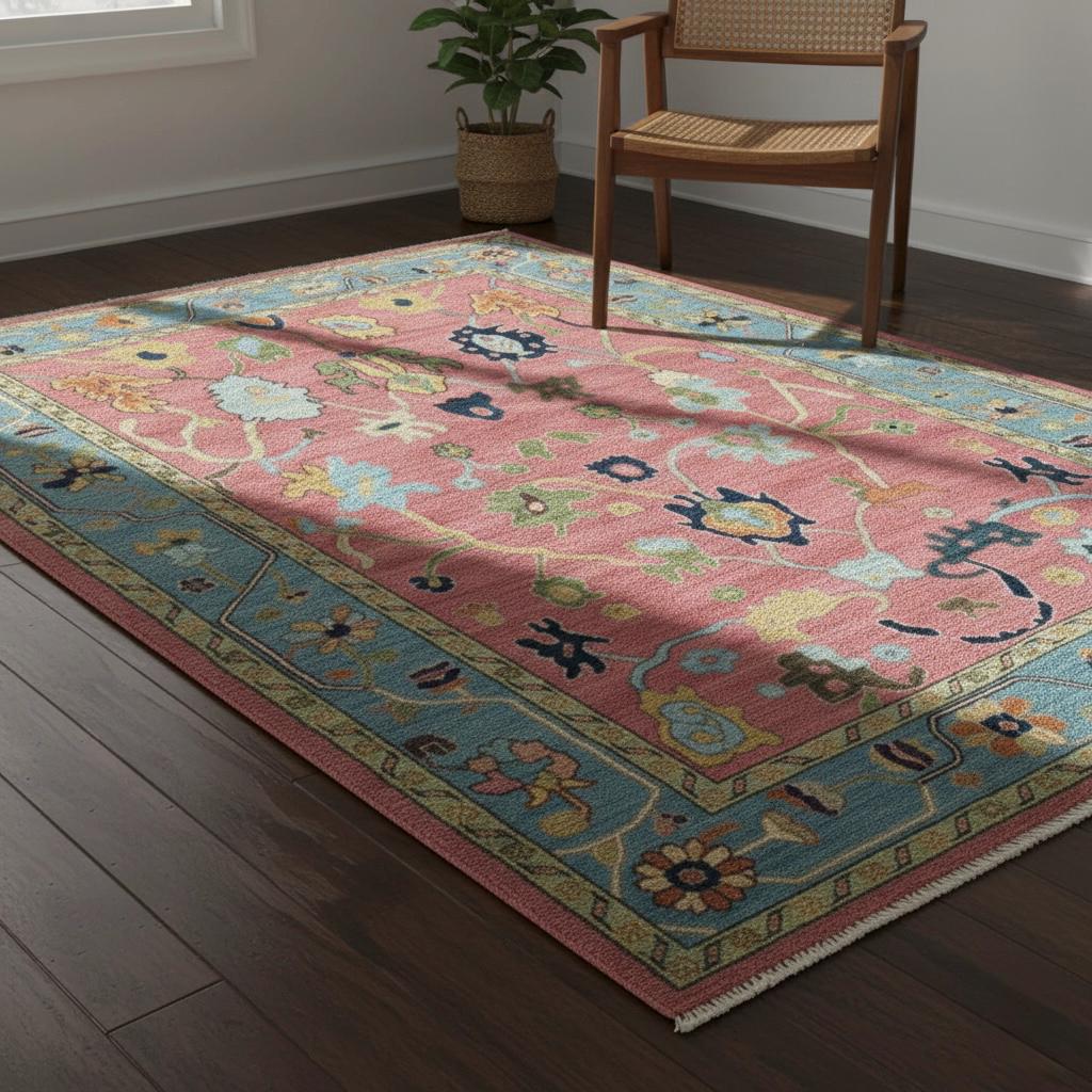 Hand-Knotted Oushak Wool Rug | Pink & Sky Blue Folk Floral