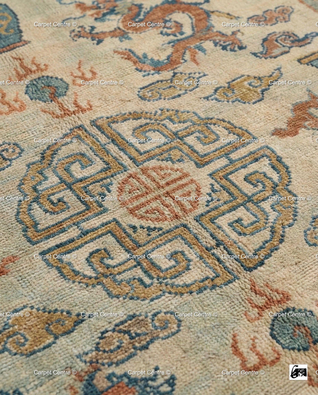 Hand Knotted Wool Rug, Beige Chinoiserie Dragon Phoenix Motif