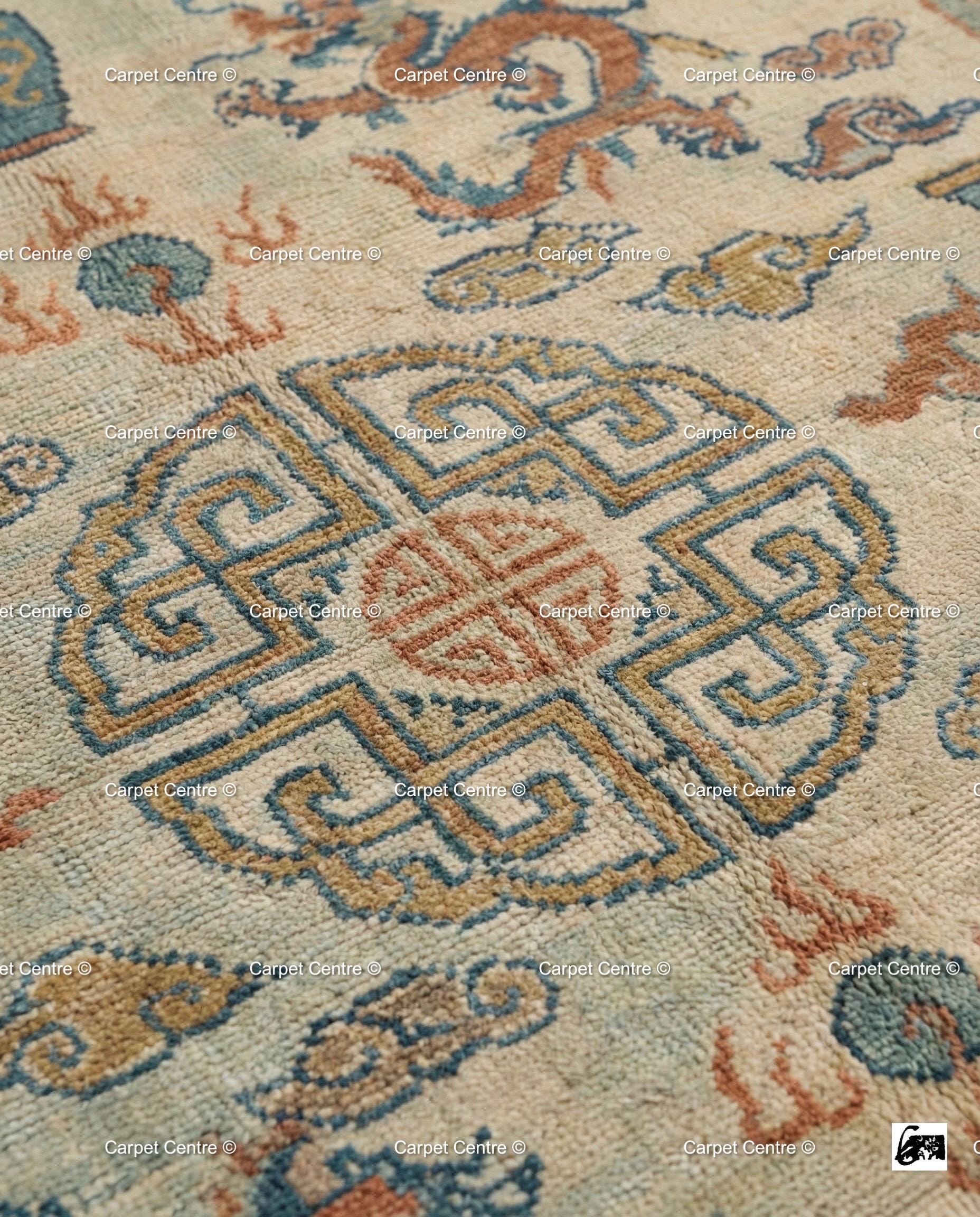 Hand Knotted Wool Rug, Beige Chinoiserie Dragon Phoenix Motif