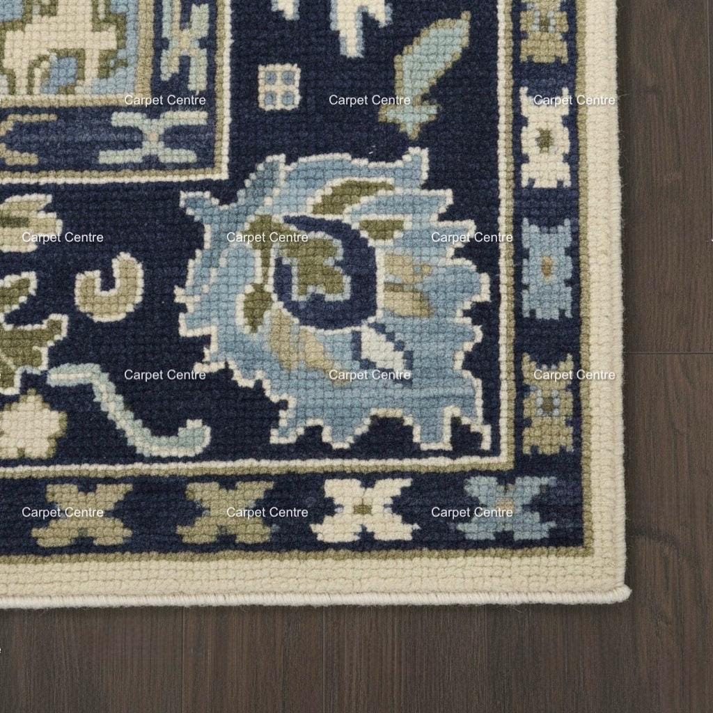 Hand-Knotted Ivory Oushak Rug, Navy Border, Handspun Wool