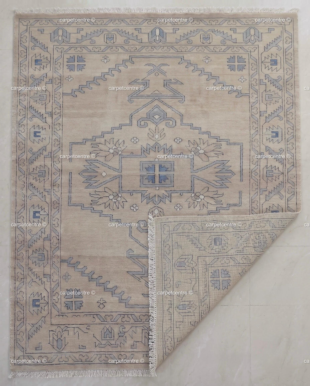 Hand Knotted Neutral Oushak Rug, Beige Blue Wool, Turkish Area Rug