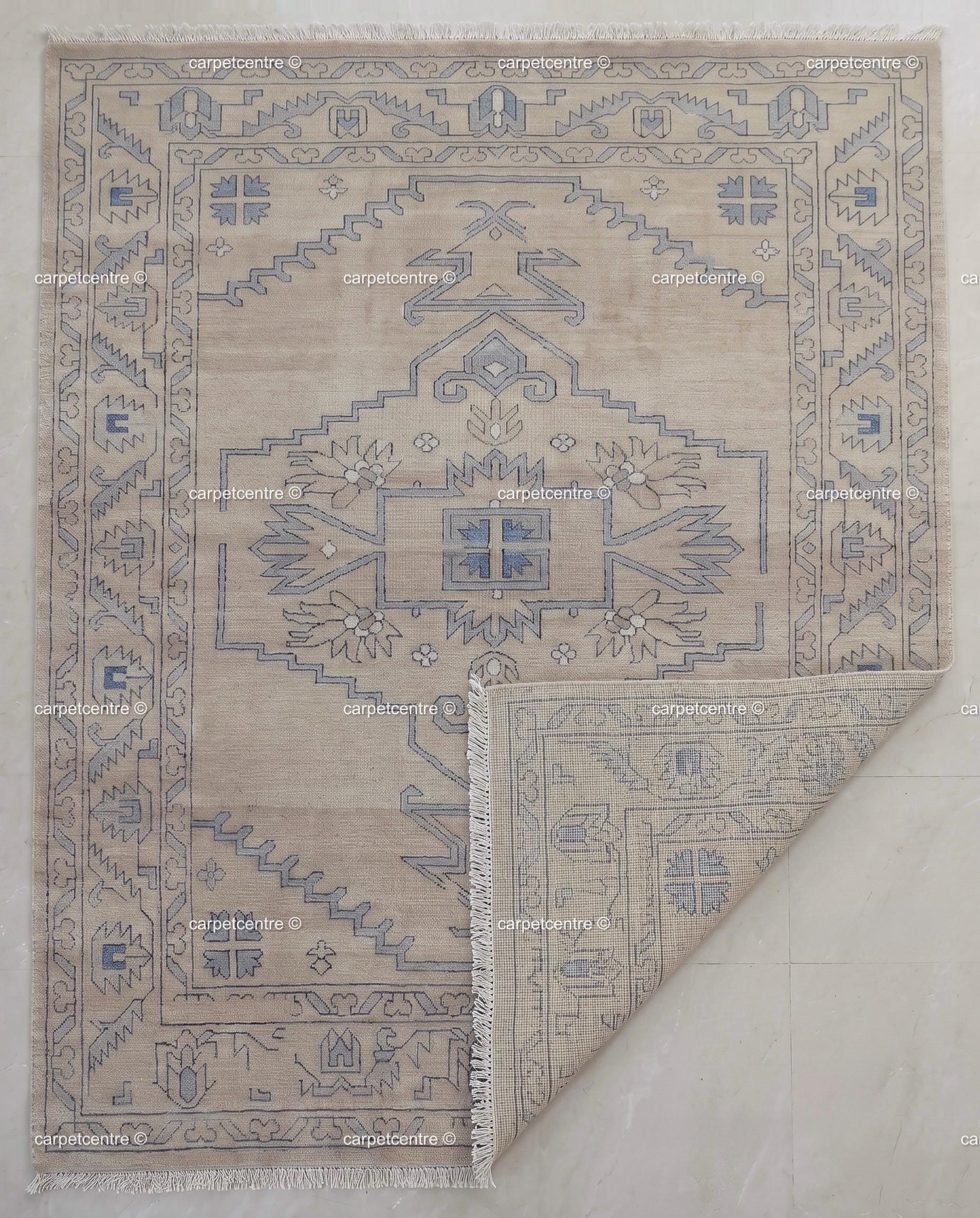 Hand Knotted Neutral Oushak Rug, Beige Blue Wool, Turkish Area Rug