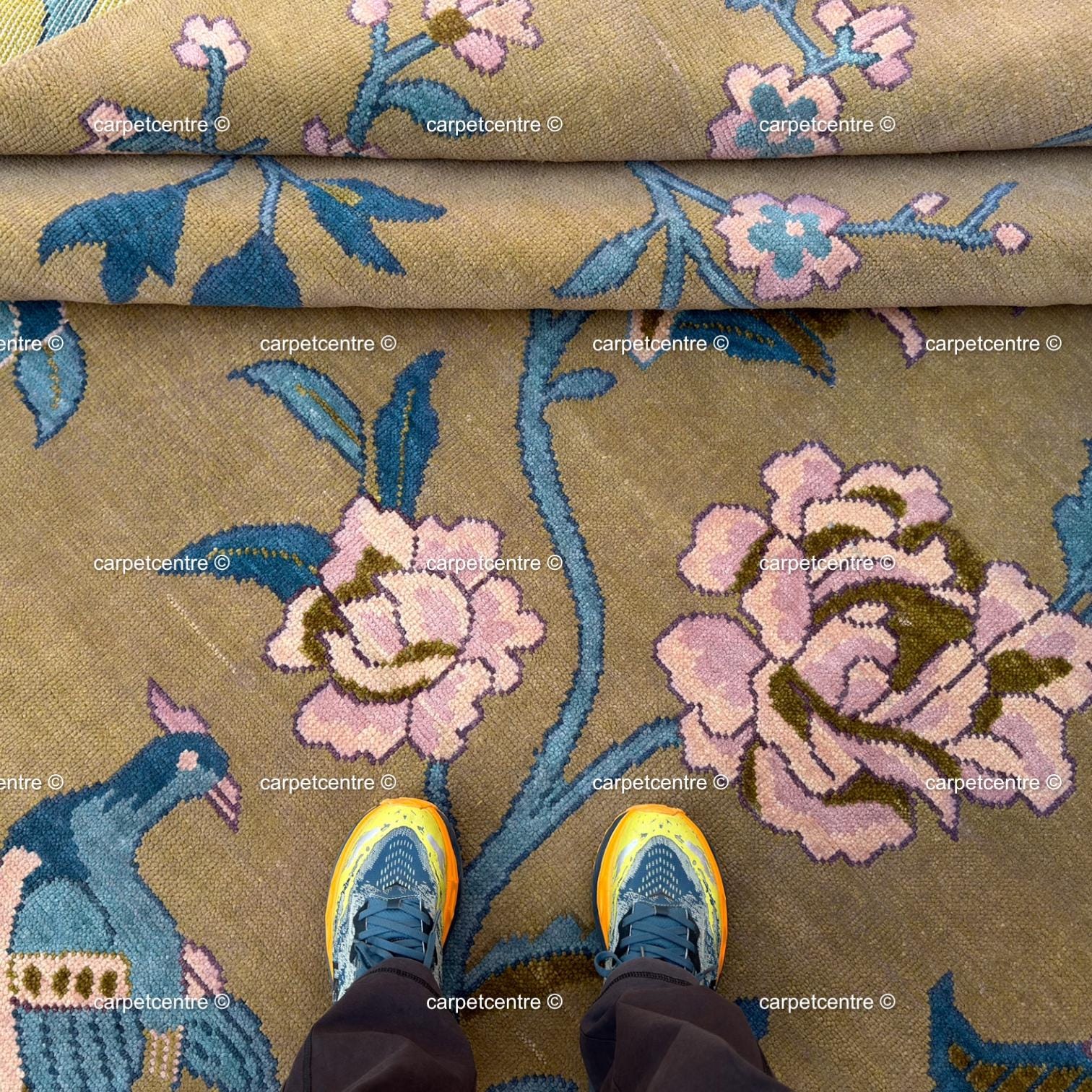 Olive Green Chinoiserie Wool Rug, Hand-Knotted Bird Pagoda Design