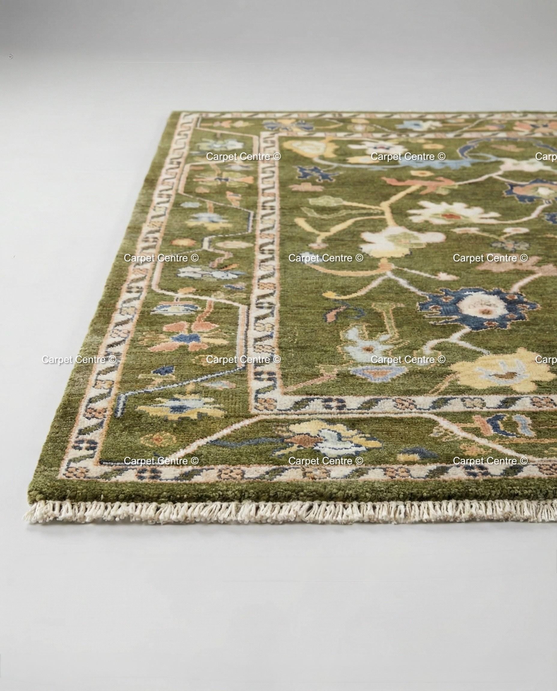 Hand-Knotted Wool Oushak Rug, Olive Green Arts & Crafts Style