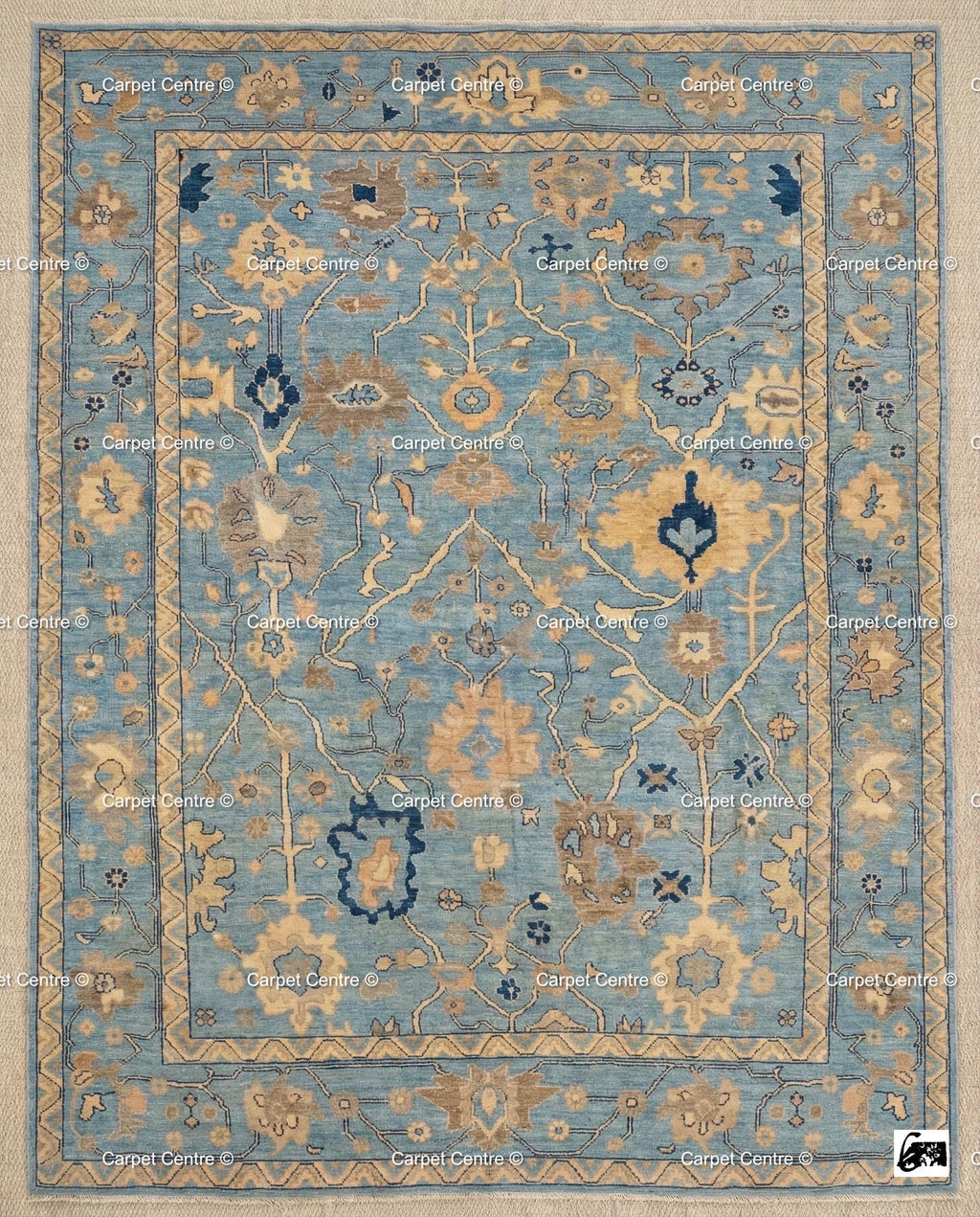 Hand Knotted Wool Oushak Rug, Soft Blue Coastal Decor