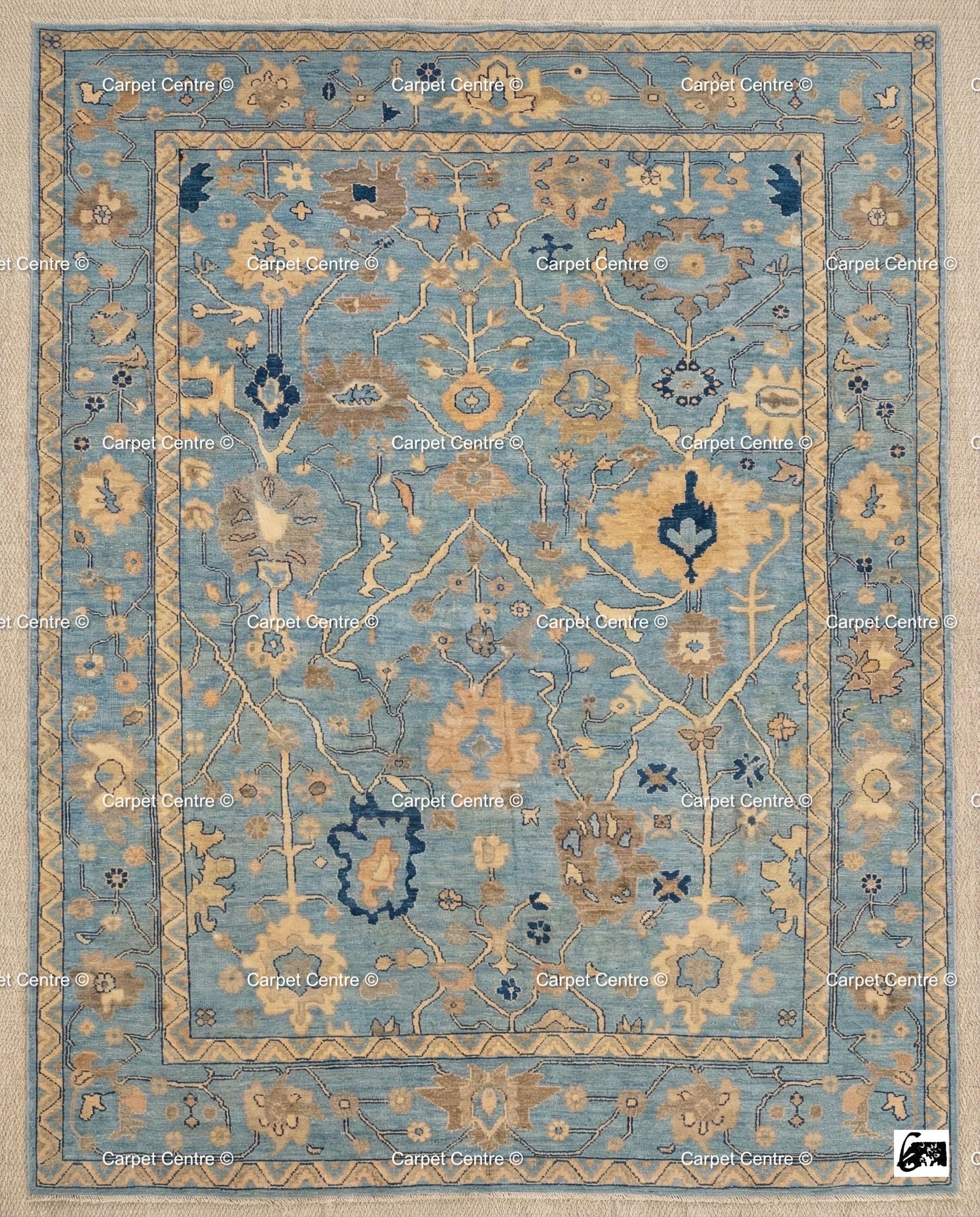 Hand Knotted Wool Oushak Rug, Soft Blue Coastal Decor