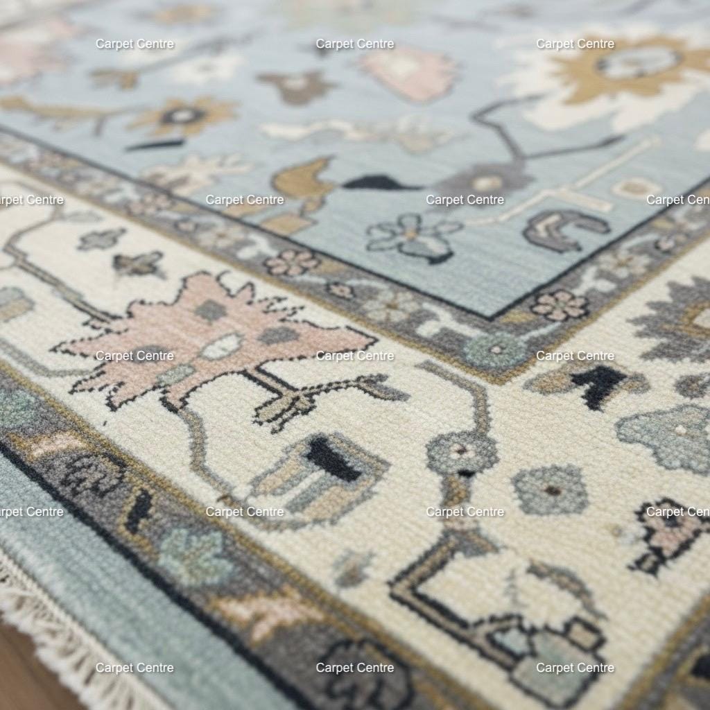 Light Blue Oushak Rug, Hand-Knotted Wool 8x10, Farmhouse Floral