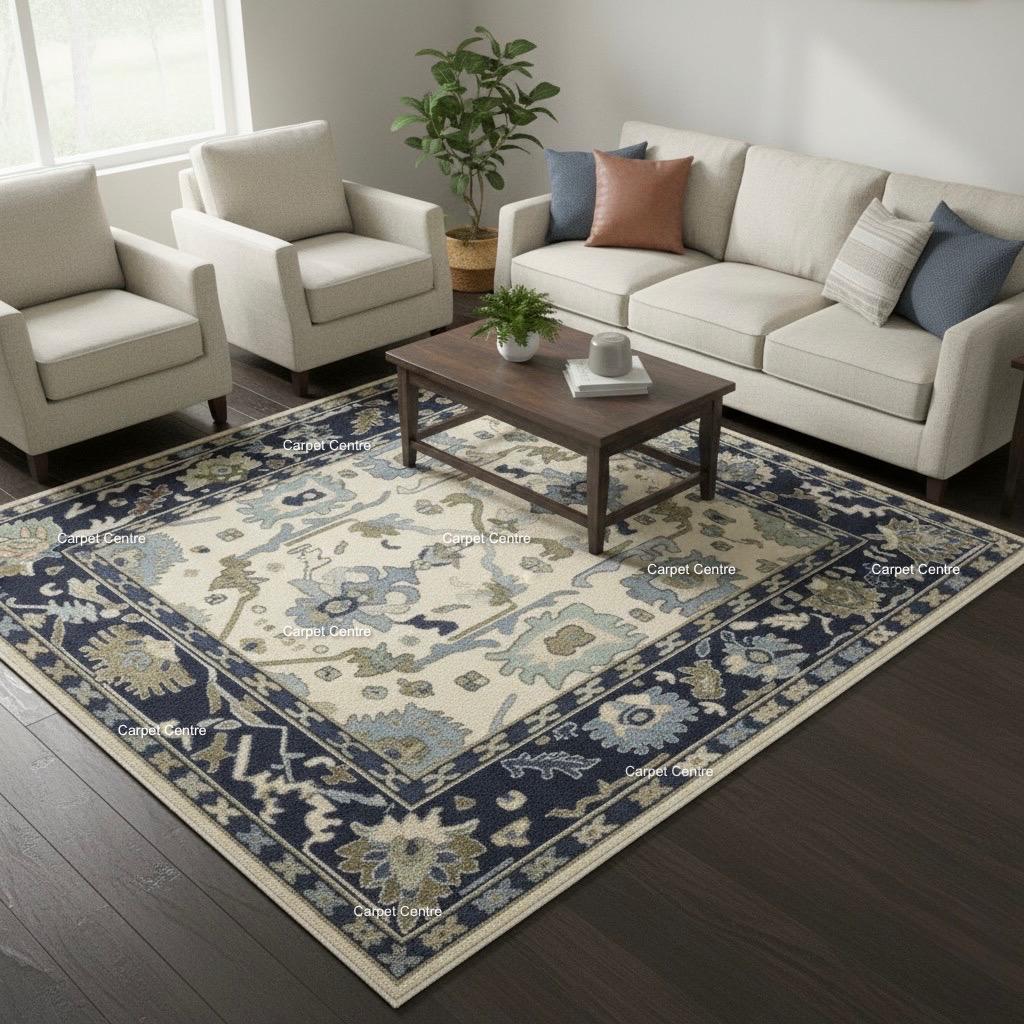 Hand-Knotted Ivory Oushak Rug, Navy Border, Handspun Wool