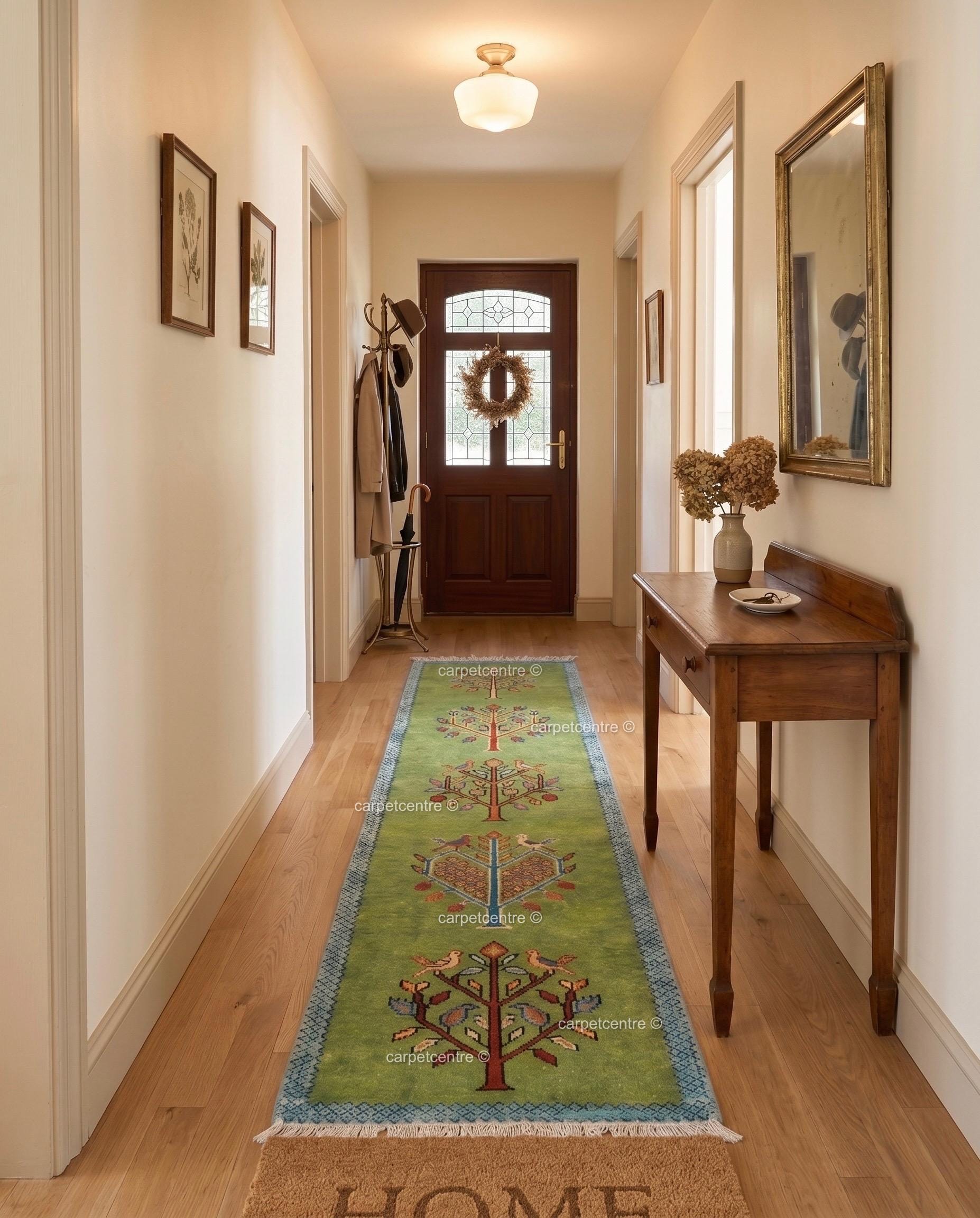 Green Wool Tribal Tree Runner Rug – Bird Motif Folk Art Hallway Carpet