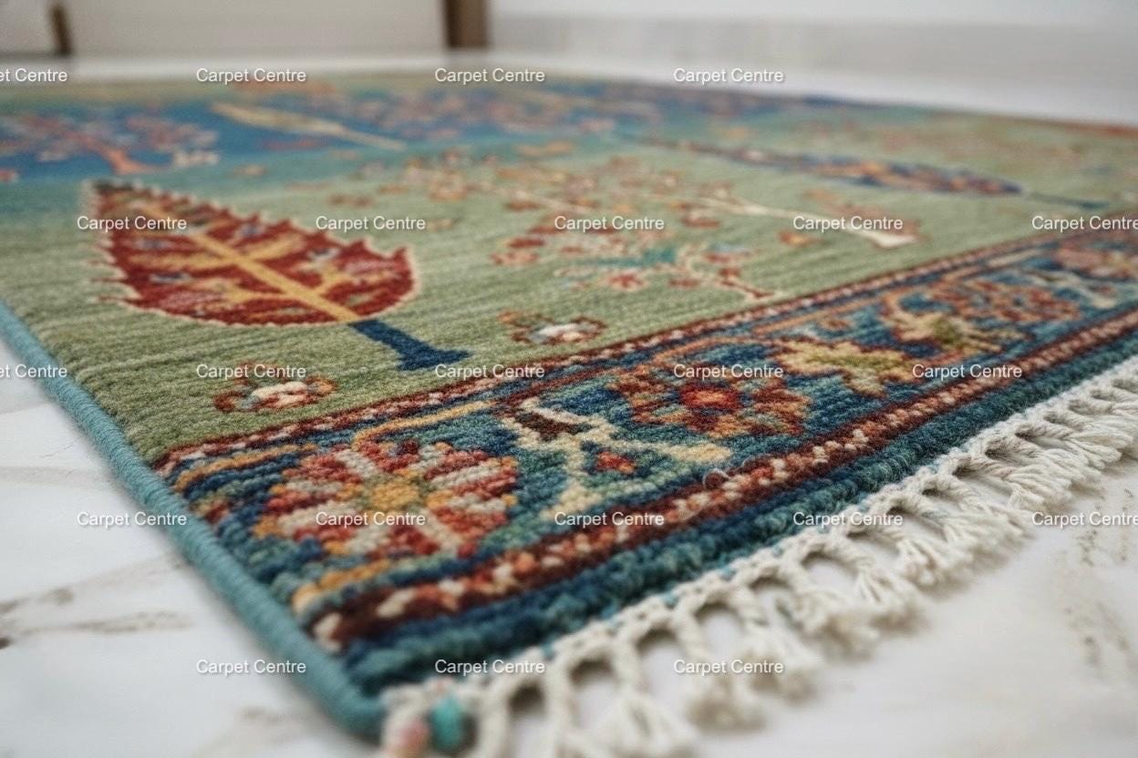 Hand-Knotted Wool Rug, Tree of Life Garden Design, Blue Green Abrash