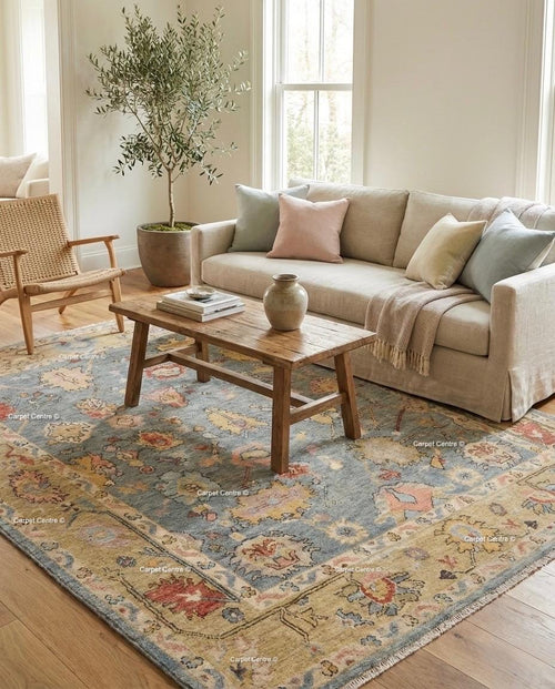 Floral Hand Knotted Oushak Wool Rug, Slate Blue & Gold