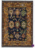 Navy Blue Oushak Rug, Hand-Knotted Wool Rug, Gold Border