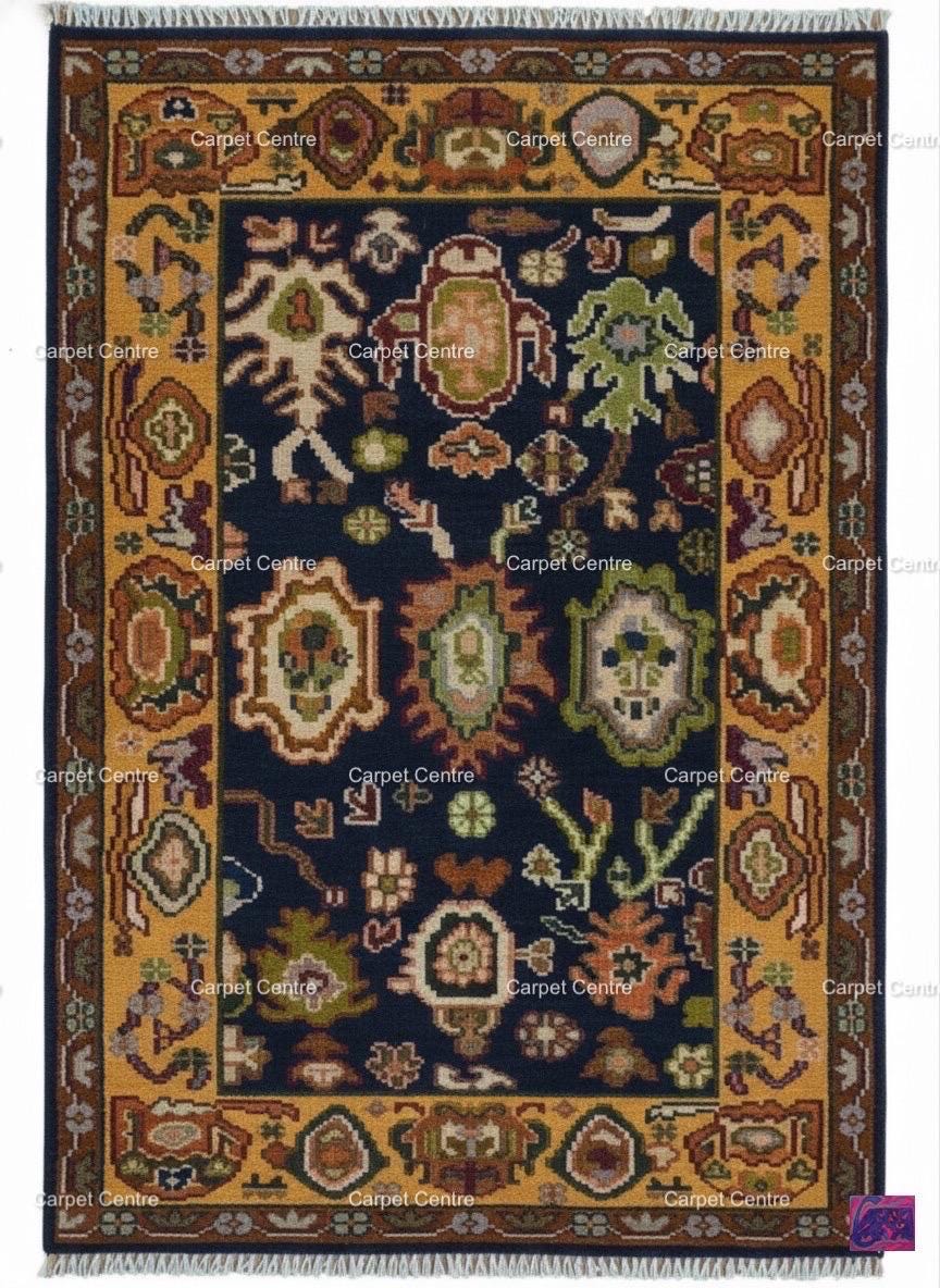 Navy Blue Oushak Rug, Hand-Knotted Wool Rug, Gold Border