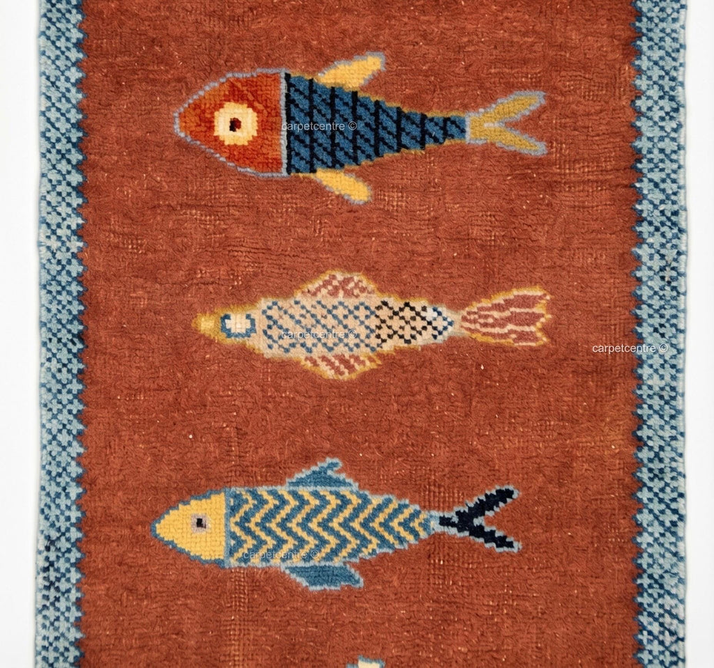 Hand-Knotted Wool Fish Runner Rug: Oushak Pictorial Coastal Style Area Carpet