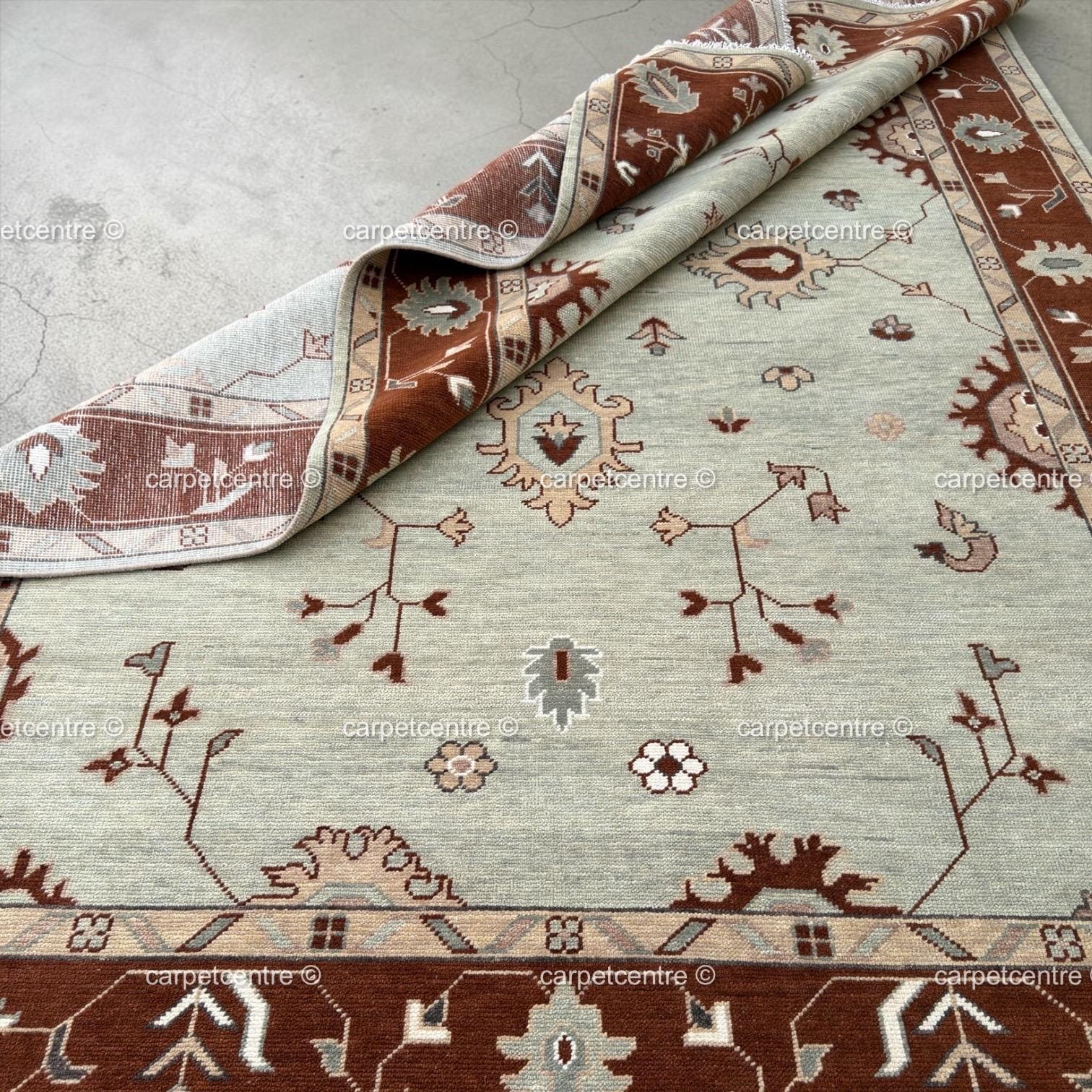 Hand Knotted Wool Oushak Rug, Mint Green Floral Turkish Carpet, Rust Border Area Rug