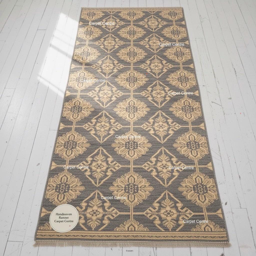 Hand-Knotted Wool Runner Rug, Charcoal Gray Oushak Style, Geometric Medallion