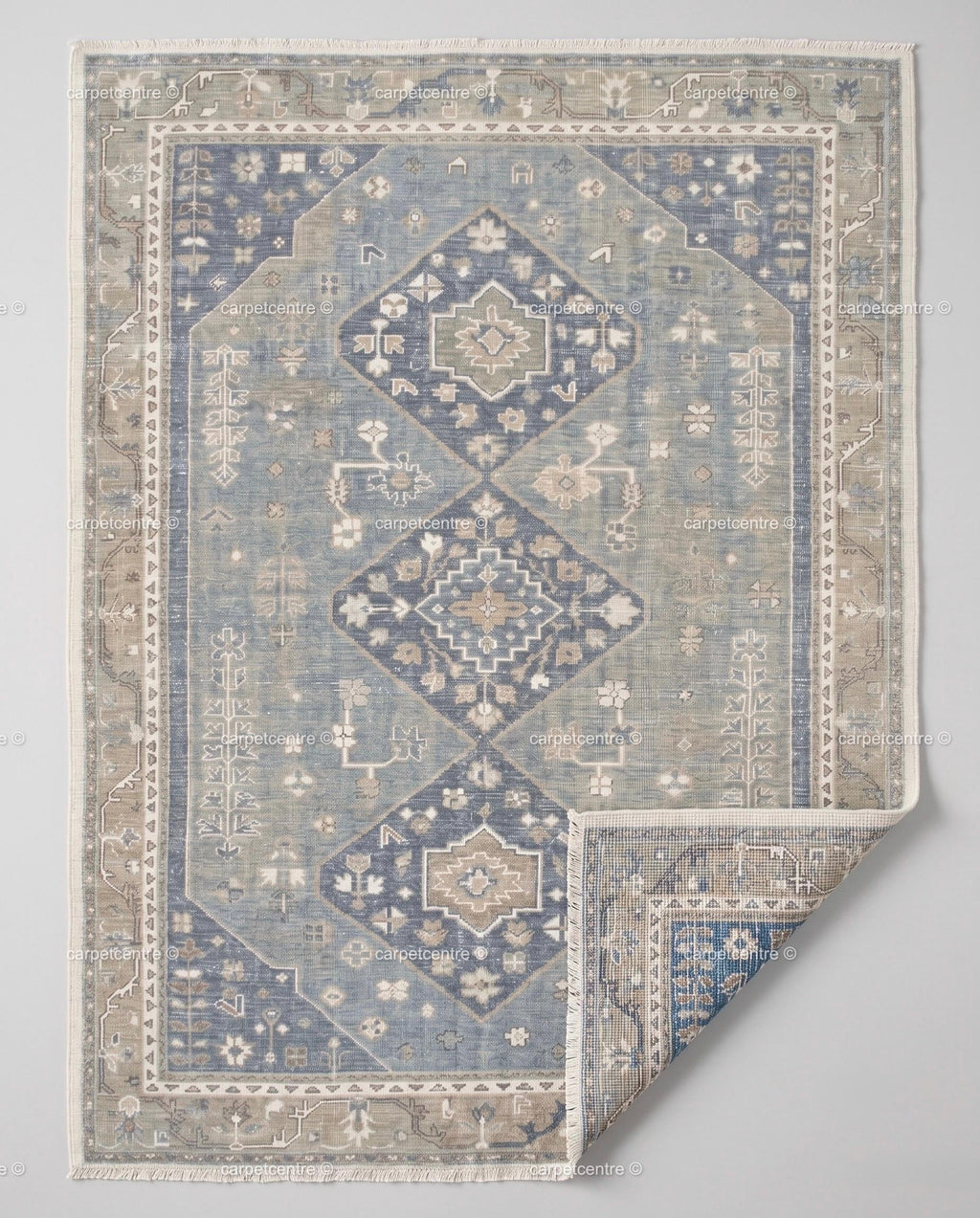 Hand Knotted Oushak Rug: Faded Blue New Zealand Wool Carpet (Custom Size)