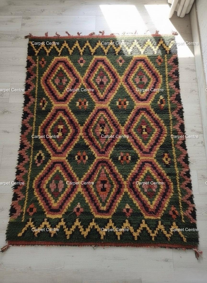 Green Moroccan Shag Rug, Hand-Knotted Wool, Geometric Diamond, Tulu Style