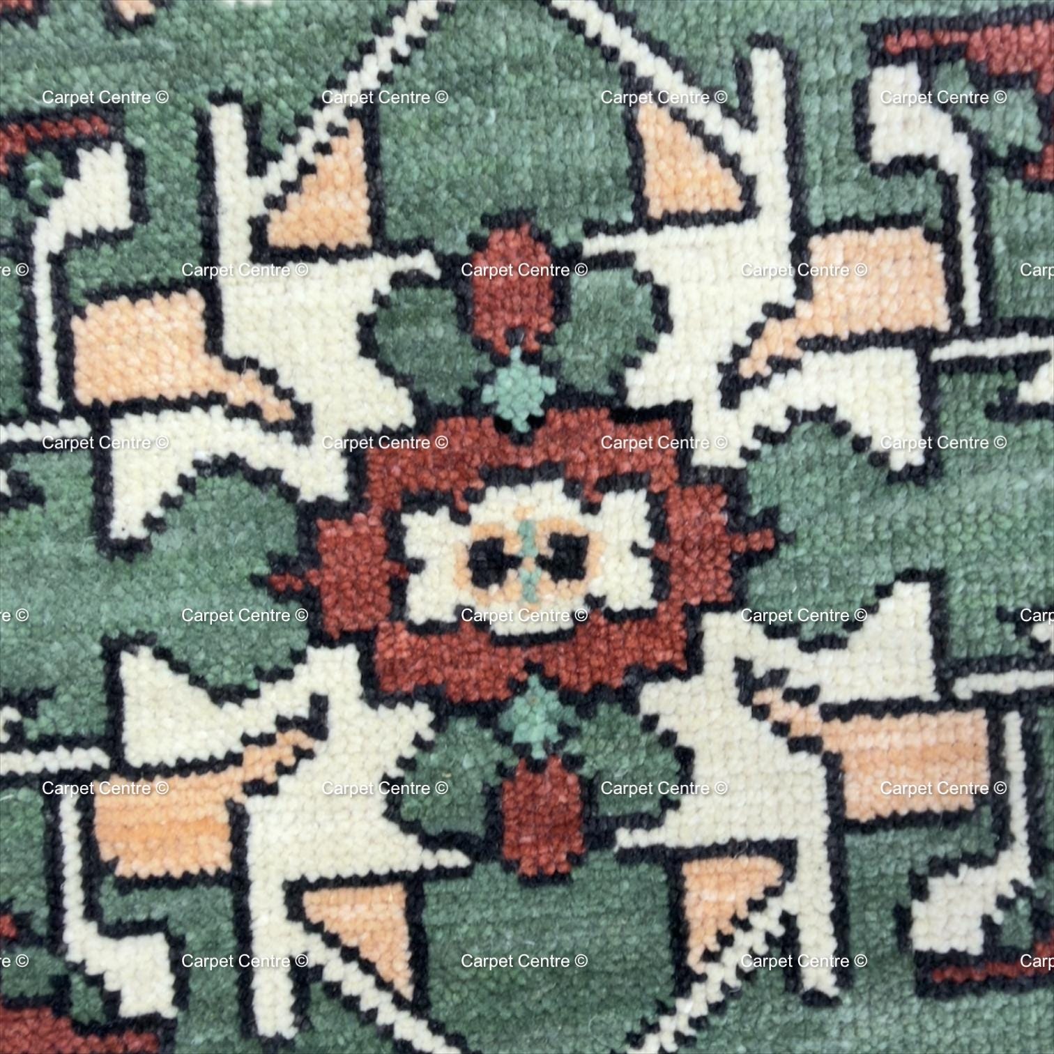 Hand Knotted Kazak Wool Area Oriental Geometric Green and Rust Carpet