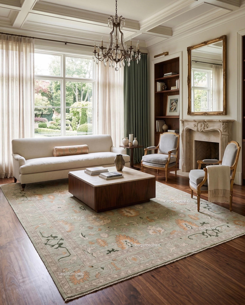 Hand Knotted Oushak Rug, Sage Green Peach Floral Wool Carpet, Turkish Style Area Rug