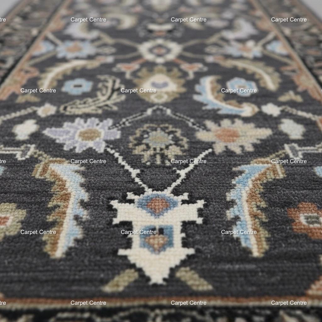 Hand-Knotted Wool Runner Rug, Charcoal Gray Traditional Floral Hallway Rug, 2x8