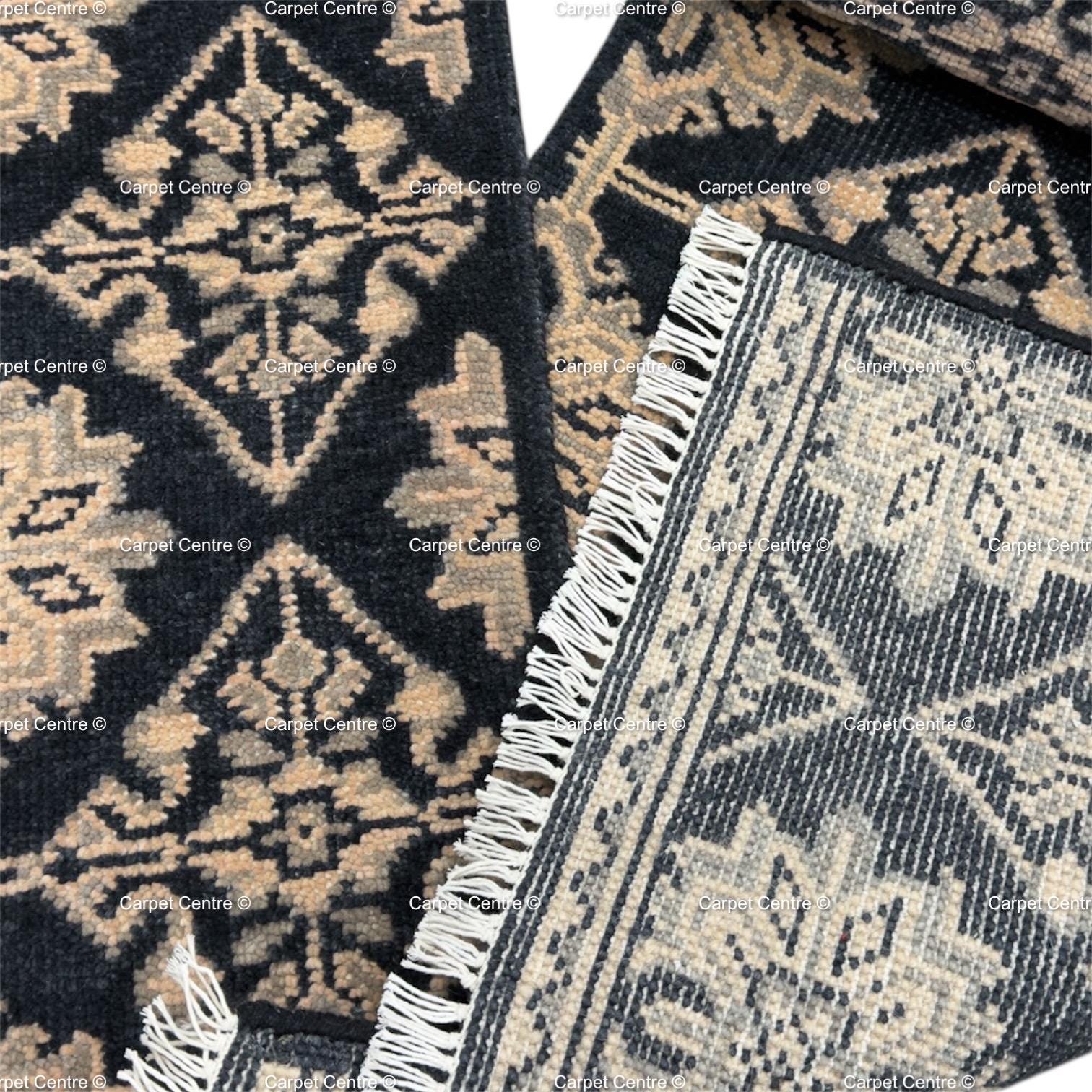 Hand-Knotted Oushak Wool Runner Rug, Black Geometric Design Hallway Entryway Carpet