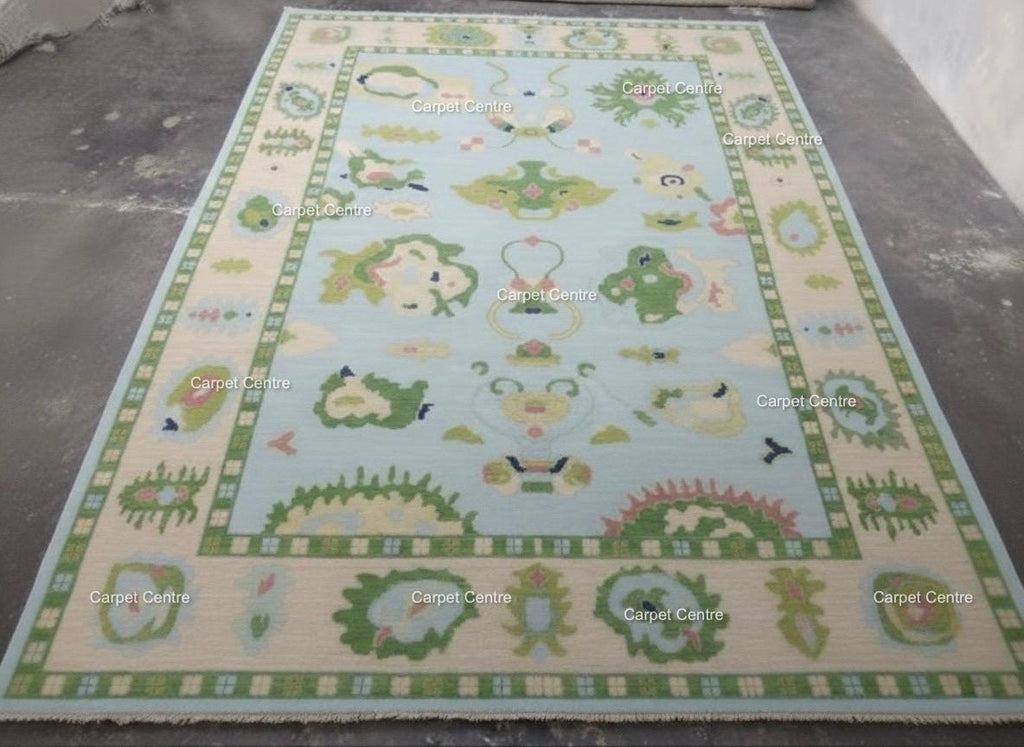 Handmade Oushak Wool Rug: Aqua Blue & Sage Green, Abstract Design