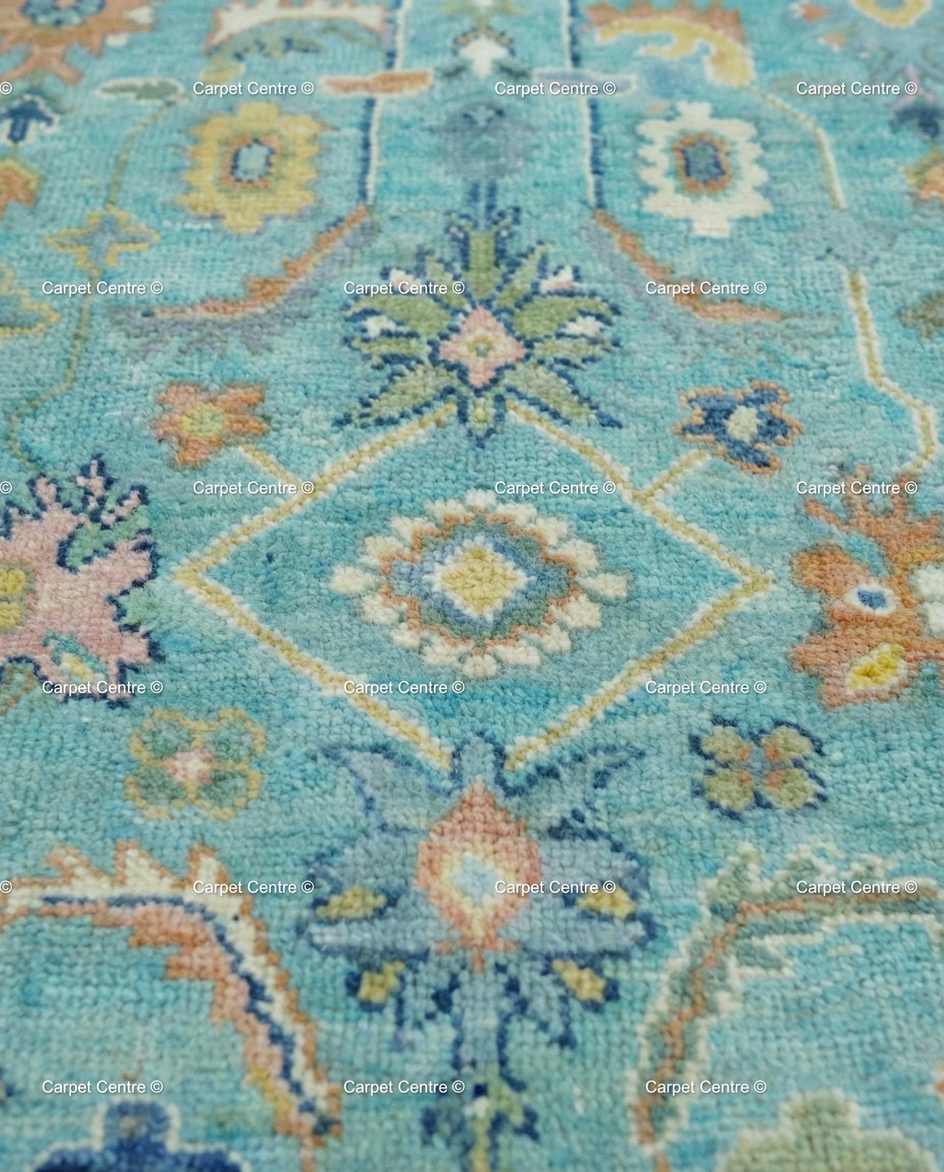 Turquoise Oushak Rug, Hand-Knotted Wool, Southwestern Boho Decor
