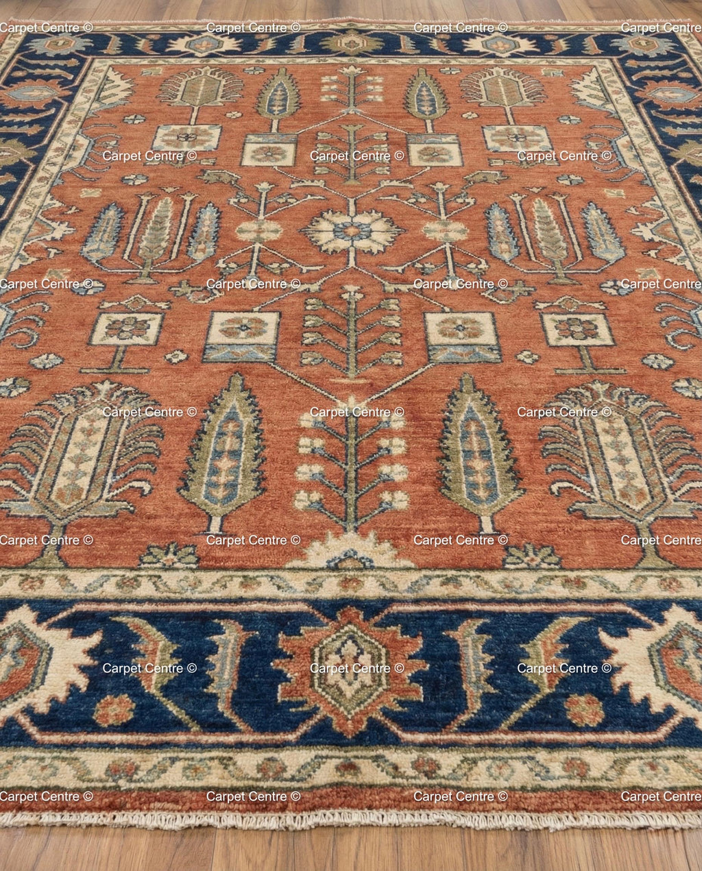 Hand Knotted Oushak Rug, Turkish Wool, Tree of Life, Terracotta & Navy