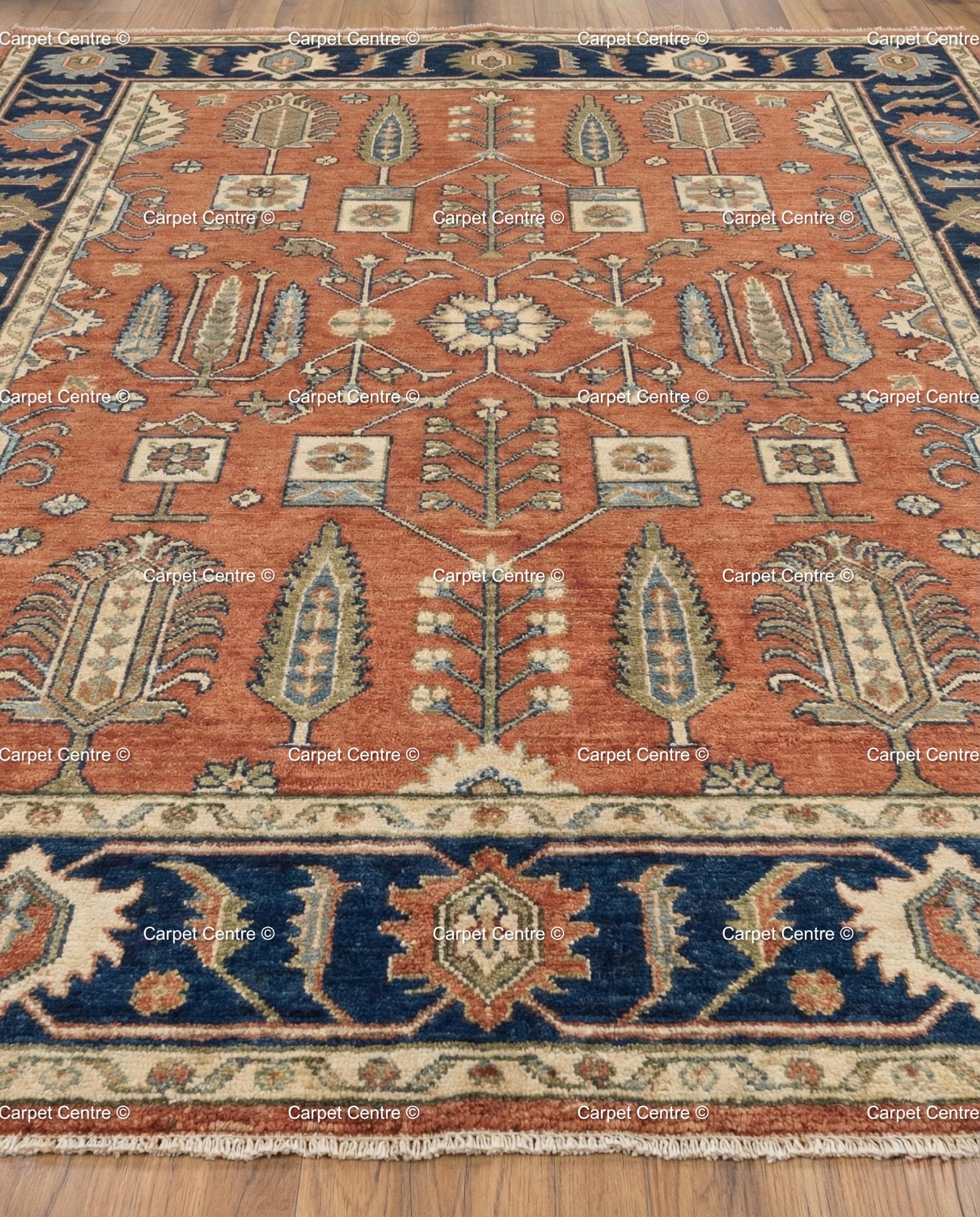 Hand Knotted Oushak Rug, Turkish Wool, Tree of Life, Terracotta & Navy