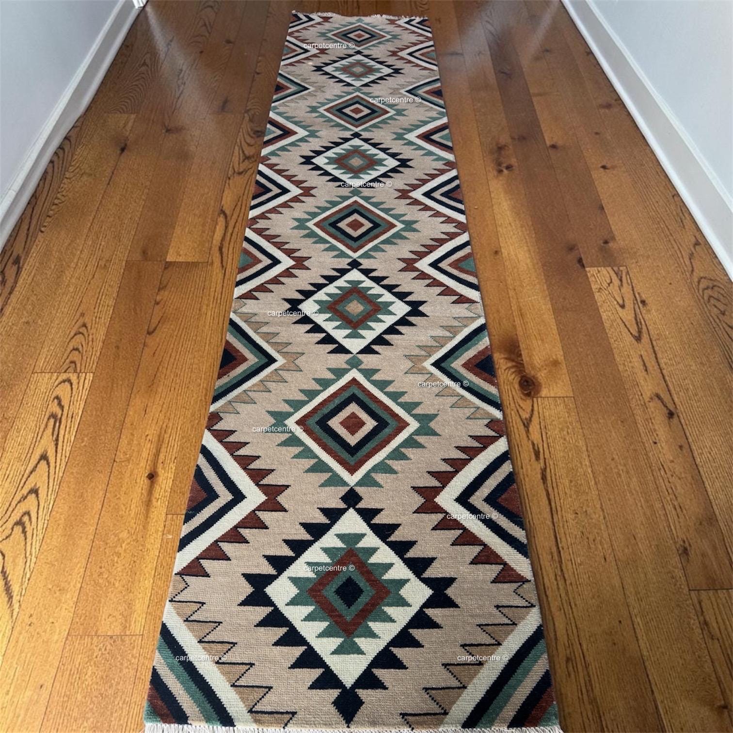 Southwestern Geometric Oushak Runner Rug | Earth Tone Tribal Hallway Carpet