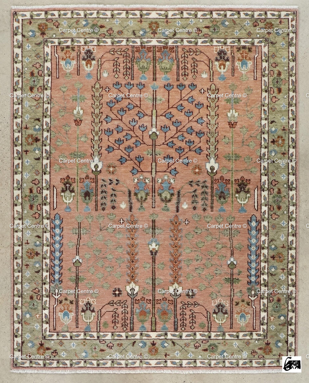 Handmade Oushak Wool Rug – Terracotta Coral, Tree of Life Design