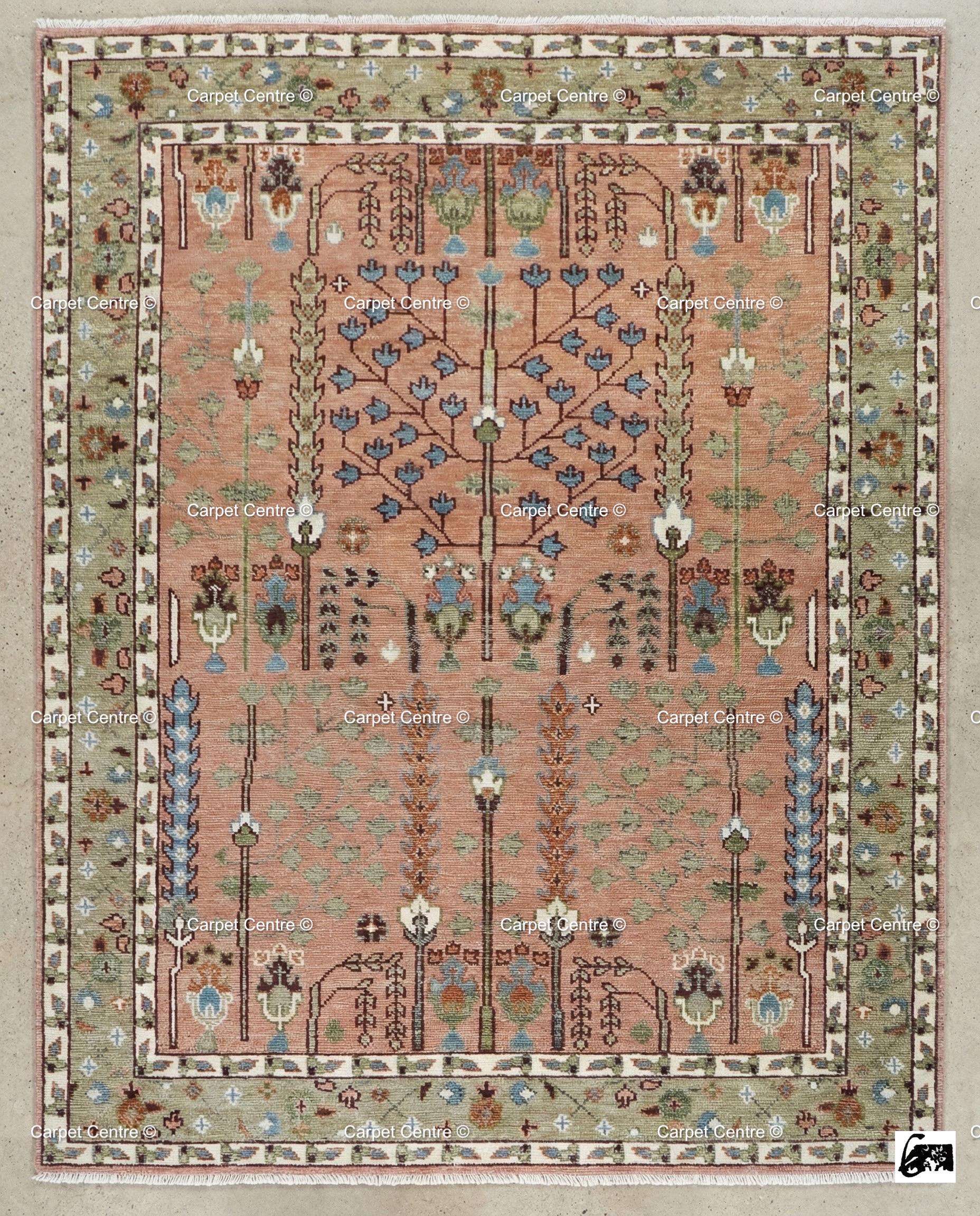 Handmade Oushak Wool Rug – Terracotta Coral, Tree of Life Design