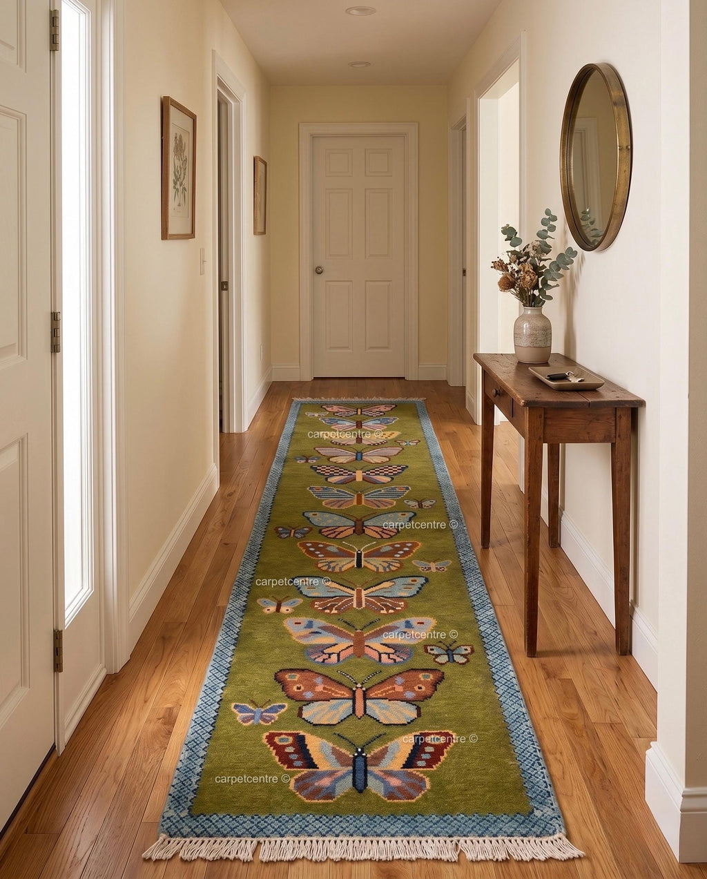 Handmade Wool Butterfly Runner Rug – Olive Green Insect Motif Carpet