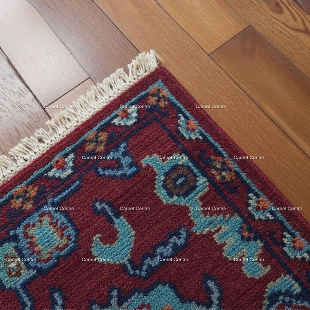 Maroon Oushak Runner Rug, Handwoven Wool Teal Tribal Design