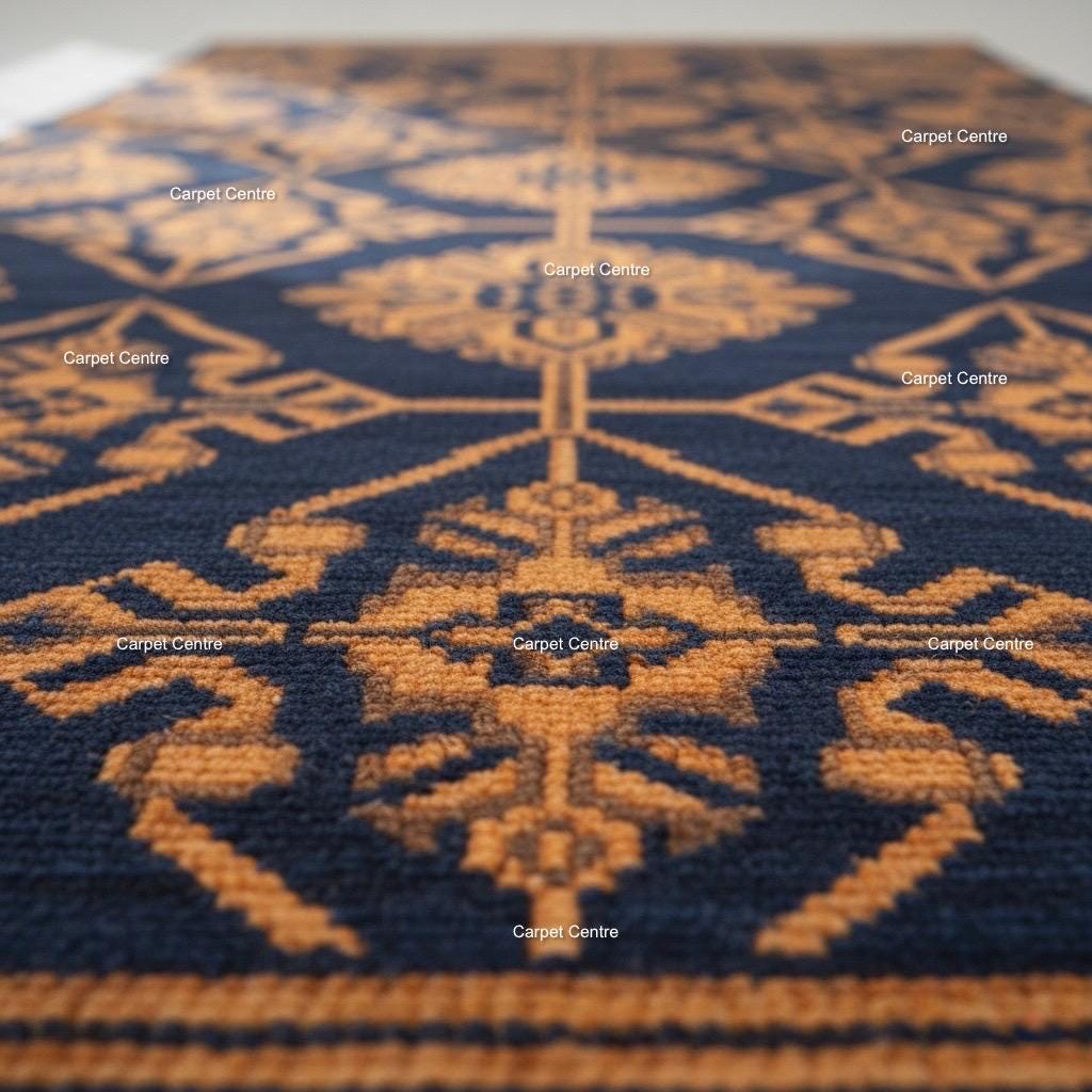 Navy Blue Gold Geometric Hand-Knotted Wool Runner Rug, 2x8 Entryway Hallway Carpet
