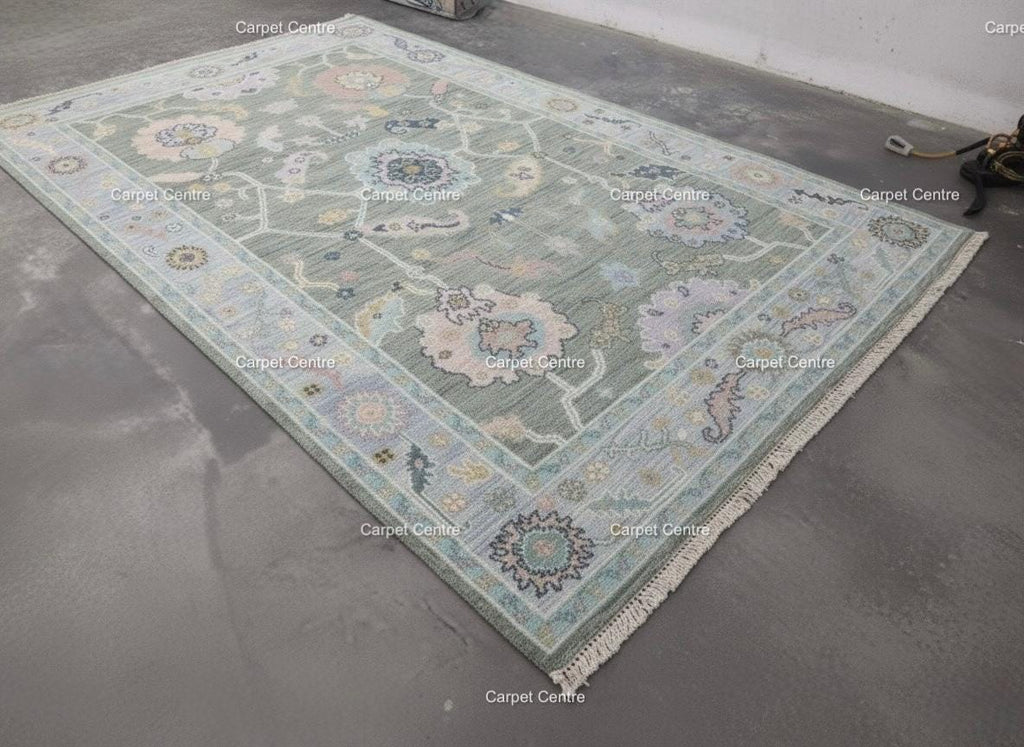 Handknotted Oushak Wool Rug | Sage Green, Pastel Floral Design