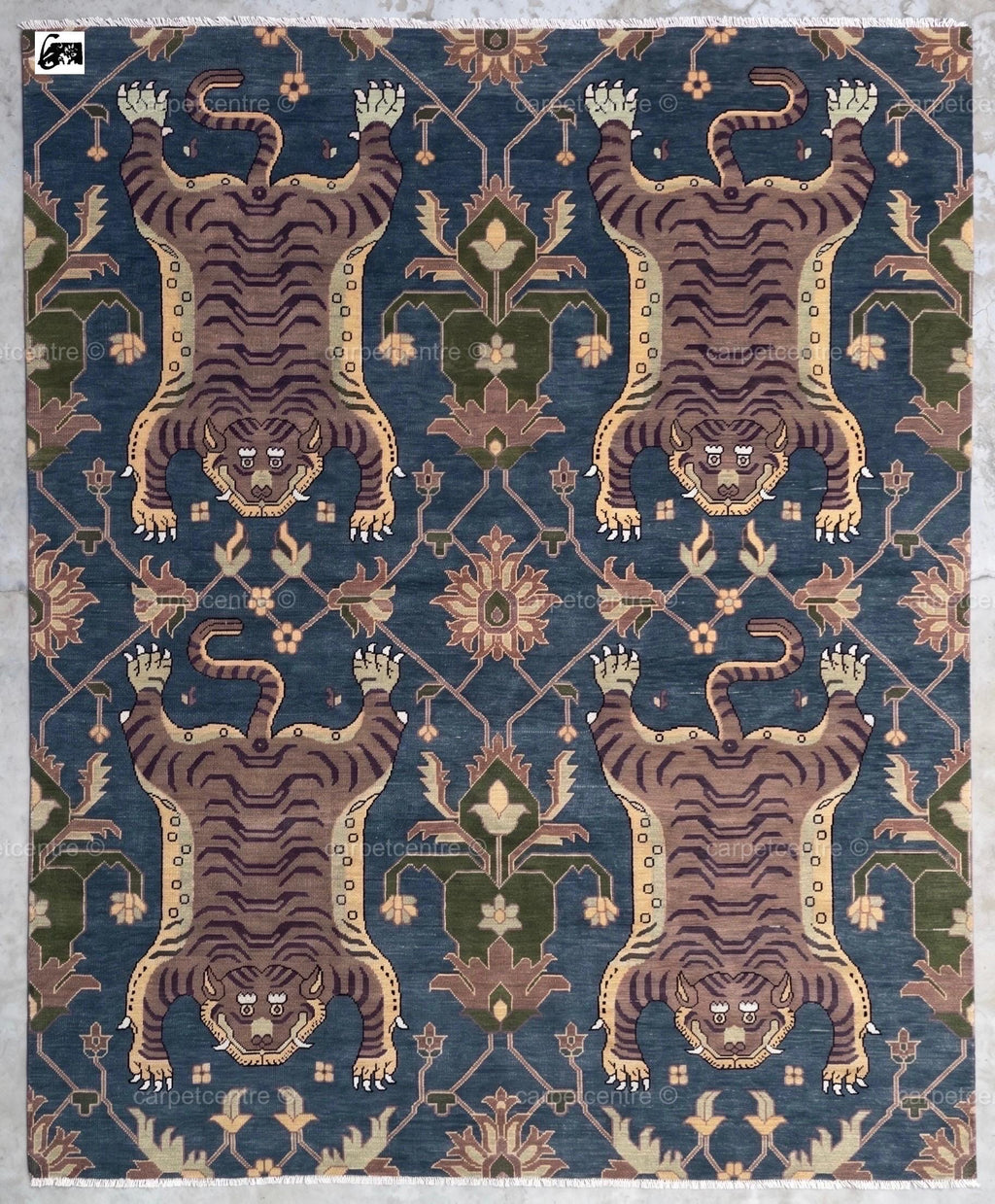 Tibetan Tiger Oushak Rug | Blue Hand-Knotted Wool Area Rug | Maximalist Boho Carpet