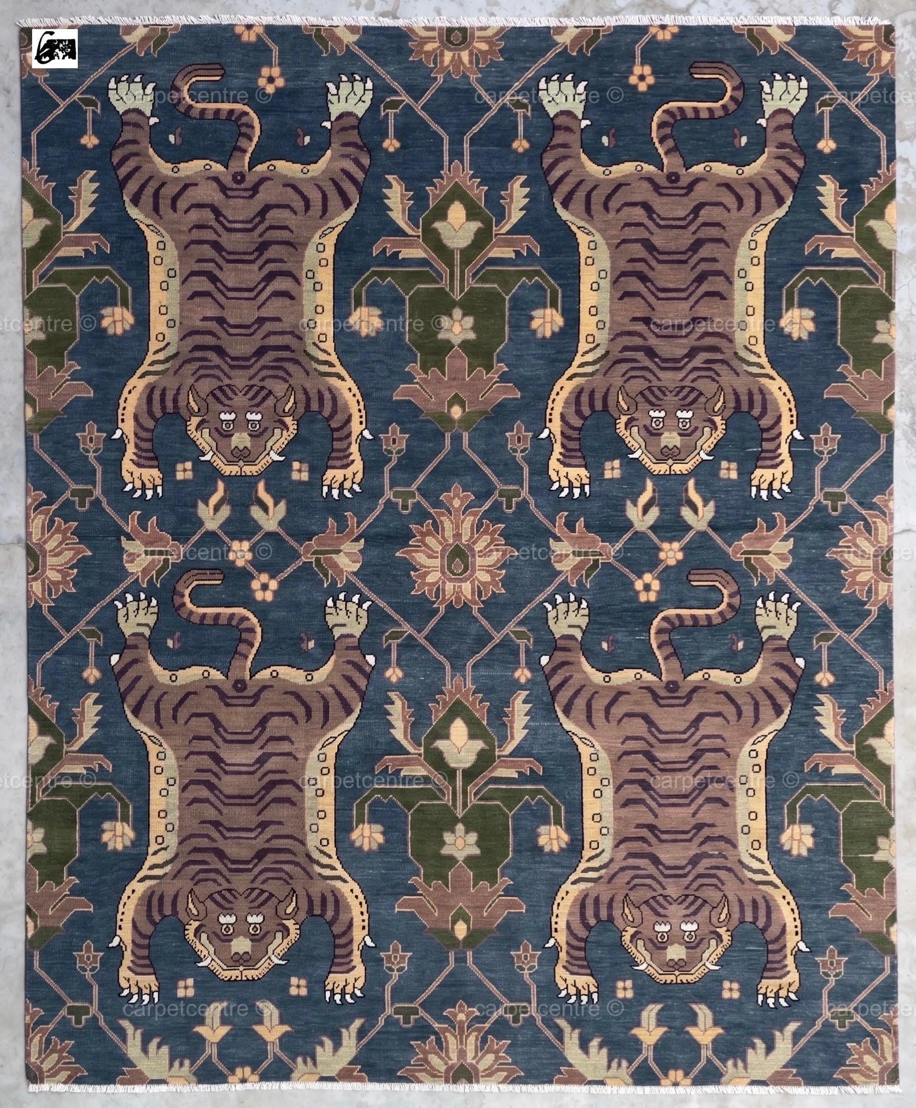 Tibetan Tiger Oushak Rug | Blue Hand-Knotted Wool Area Rug | Maximalist Boho Carpet