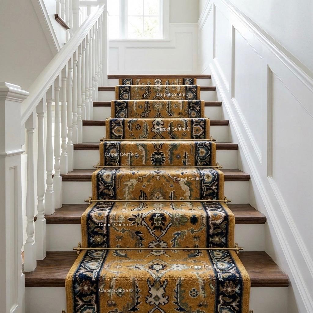 Yellow Oushak Hand-Knotted Wool Runner, Traditional Persian Style Navy Border Rug
