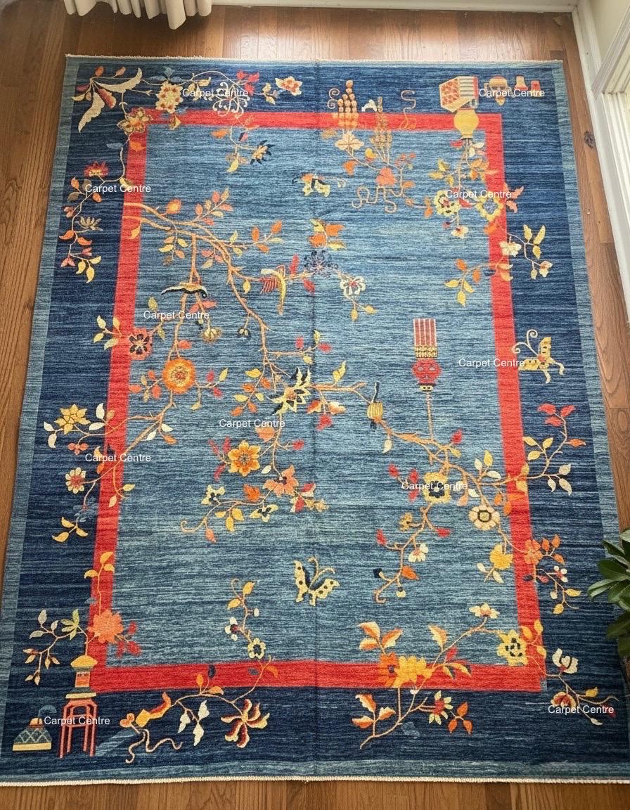 Hand-Knotted Oushak Wool Rug | Blue & Red Chinoiserie Floral Design